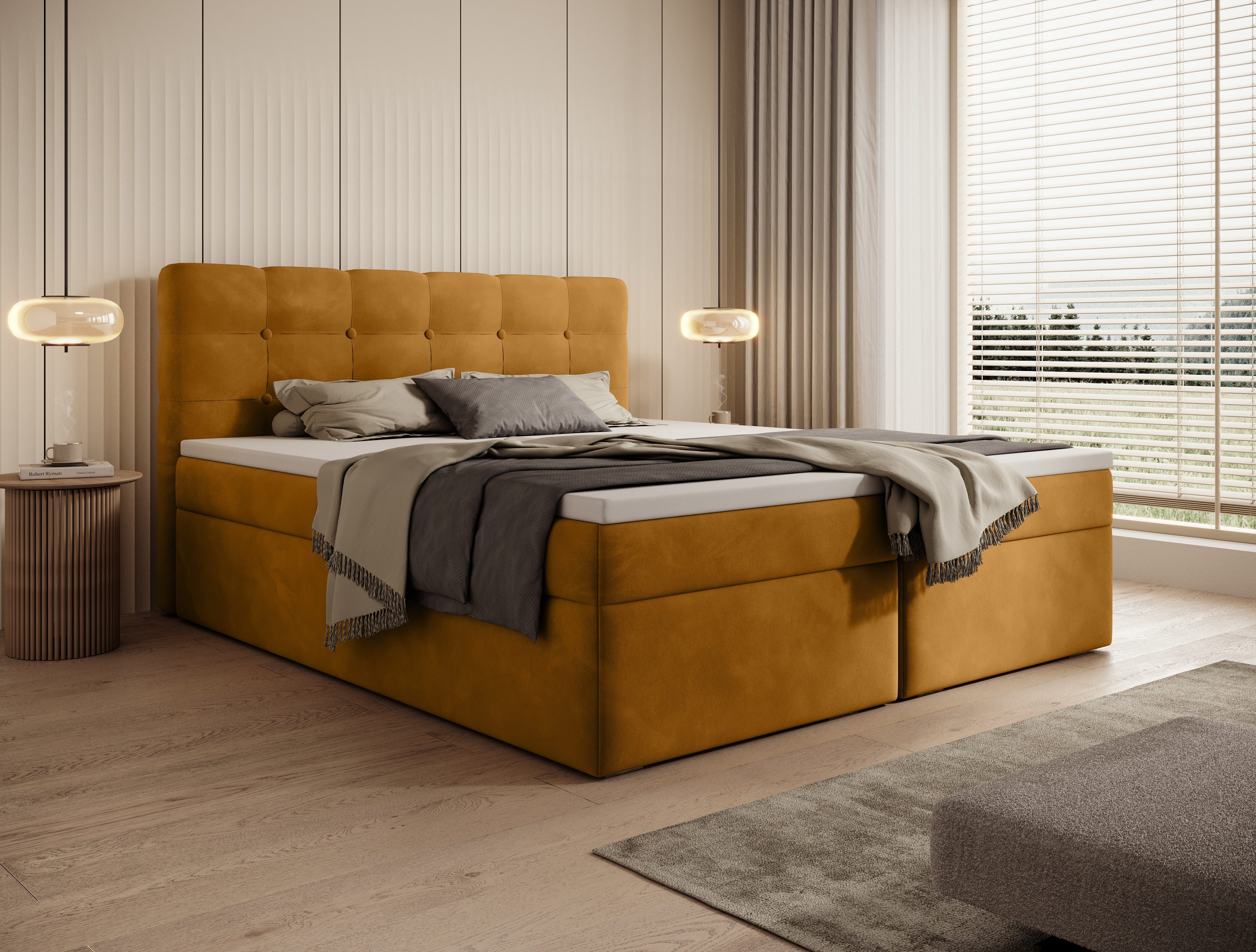 thematys Boxbett Luxus mit Bettkasten 140x200–200x200cm - Velours oder Bouclé Bezug (Polsterbett Bonnellfederkern Matratze H3 + Gratis 3cm Topper, – Doppelbett mit Stauraum - Boxbett)
