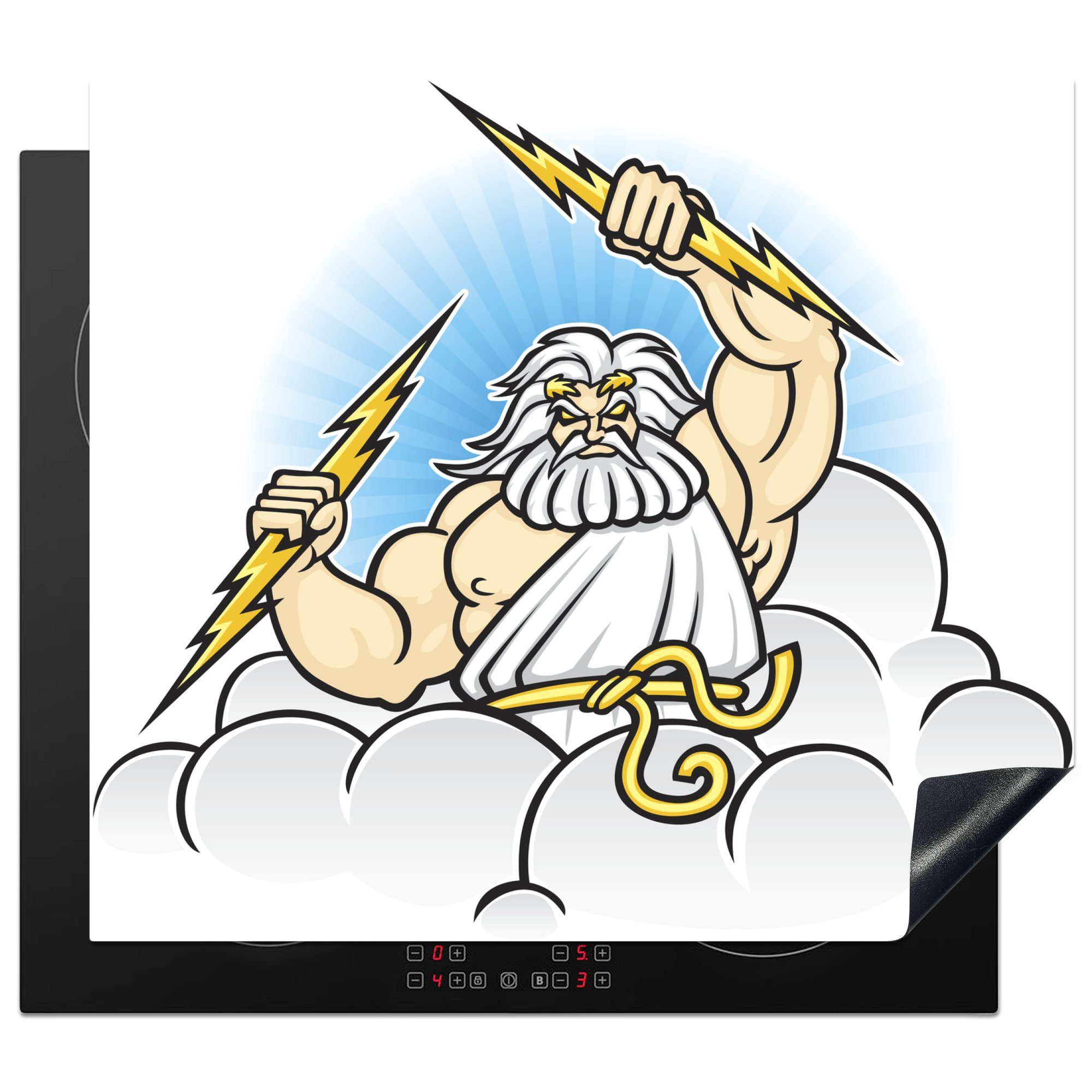 MuchoWow Herdblende-/Abdeckplatte Eine Illustration von Zeus mit Blitzen in seinen Händen, Vinyl, (1 tlg), 60x52 cm, Mobile Arbeitsfläche nutzbar, Ceranfeldabdeckung