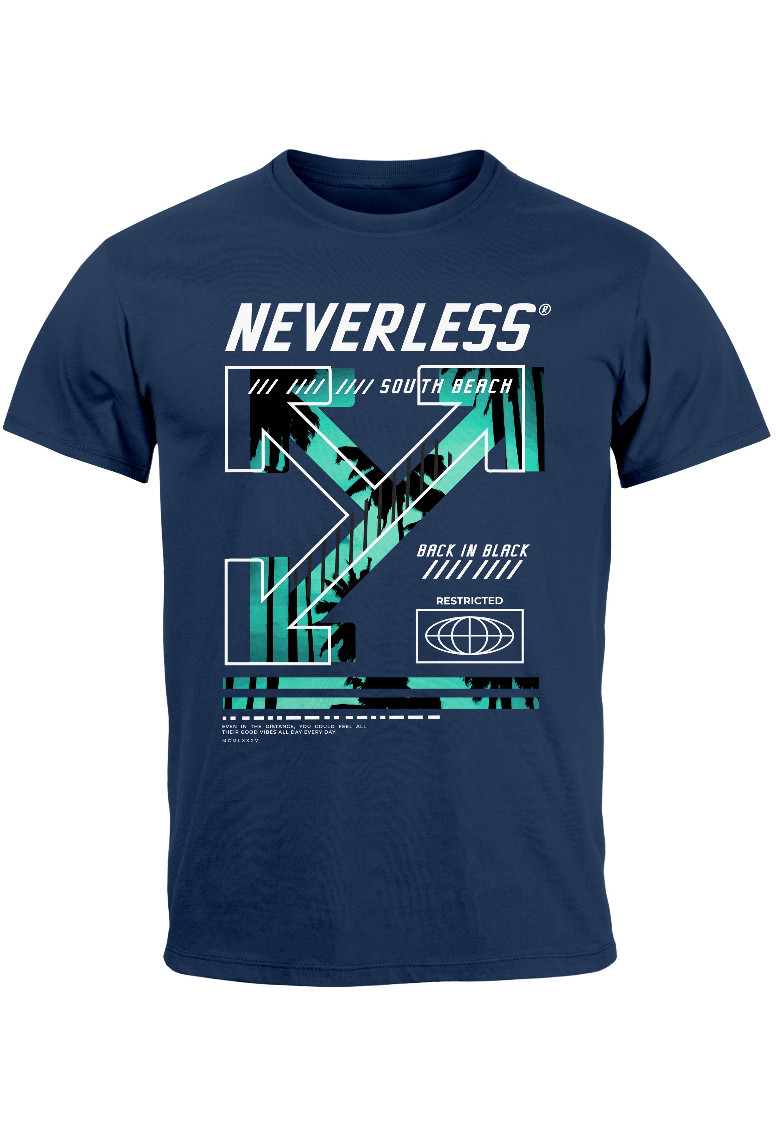 Neverless Print-Shirt Herren T-Shirt Text Print Aufdruck South Beach Techwear Fashion Street mit Print navy