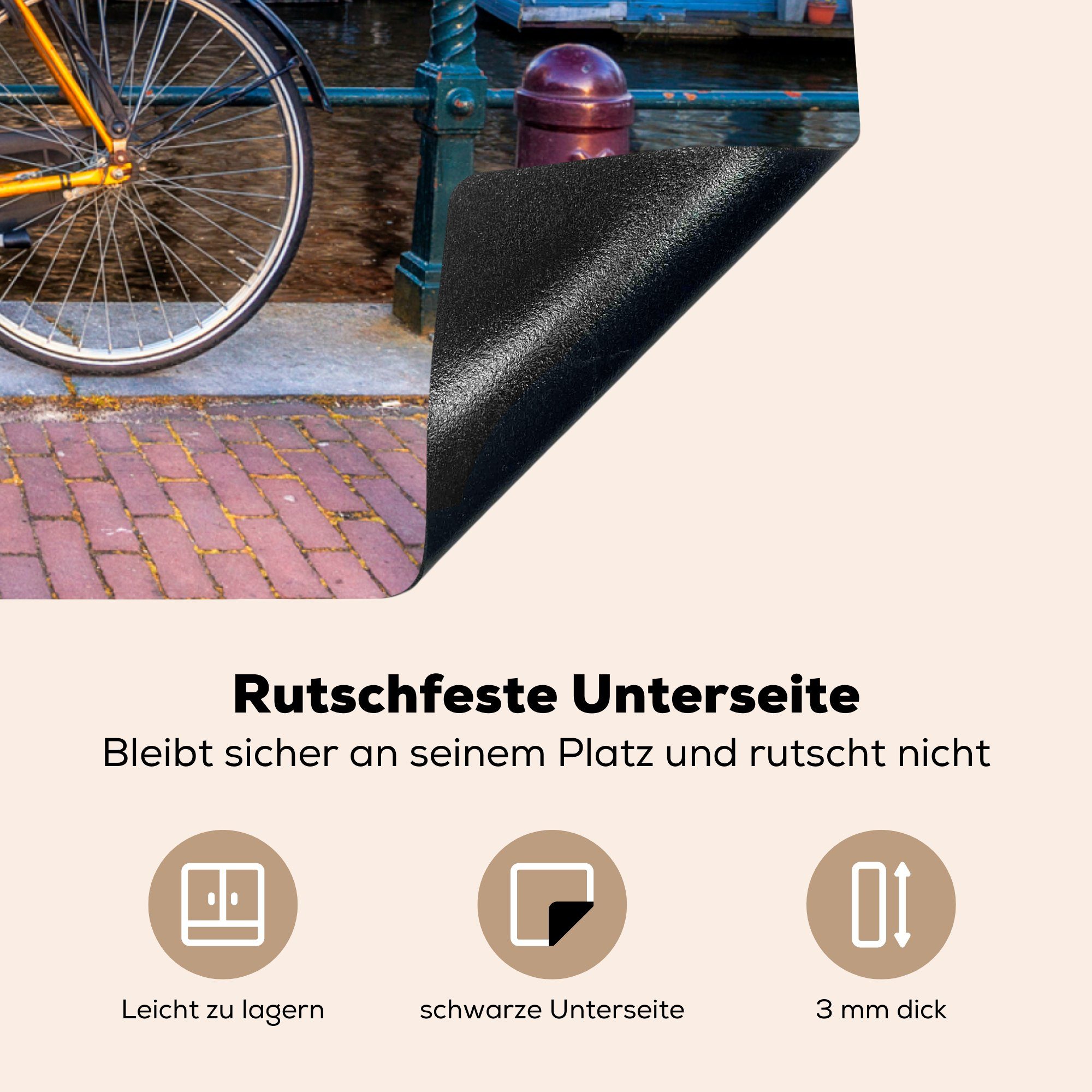 Amsterdamer vor tlg), Fahrrad Vinyl, Blick MuchoWow Herdblende-/Abdeckplatte (1 auf küche die Ceranfeldabdeckung, Gracht für cm, mit Architektur, Arbeitsplatte 78x78 der
