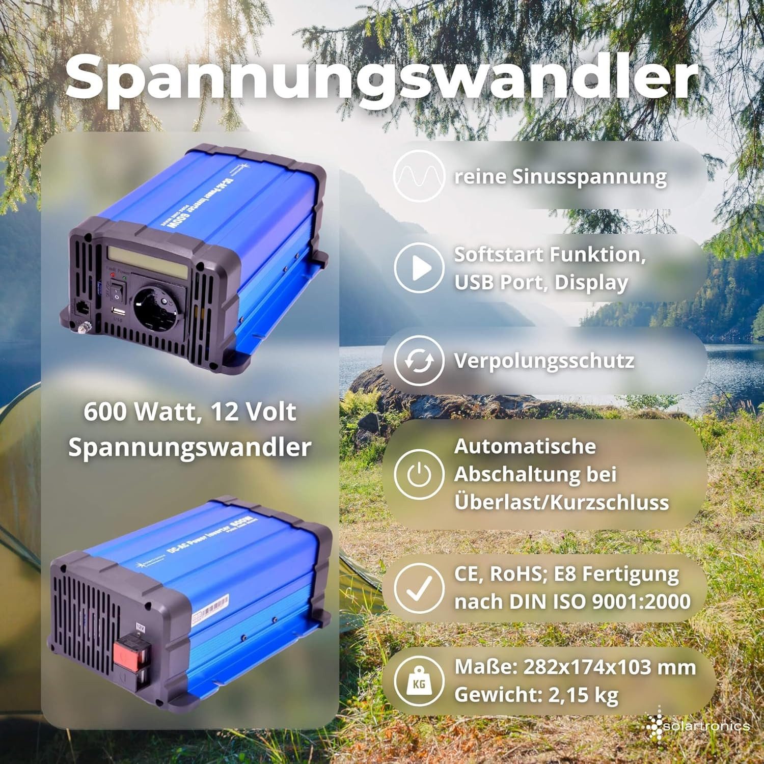 solartronics Solarmodul 120W Solarpanel, 600W Wechselrichter, 10A Laderegler, Anschlusskabel, Monokristalin, (Set, 120Watt Solar-Seet)