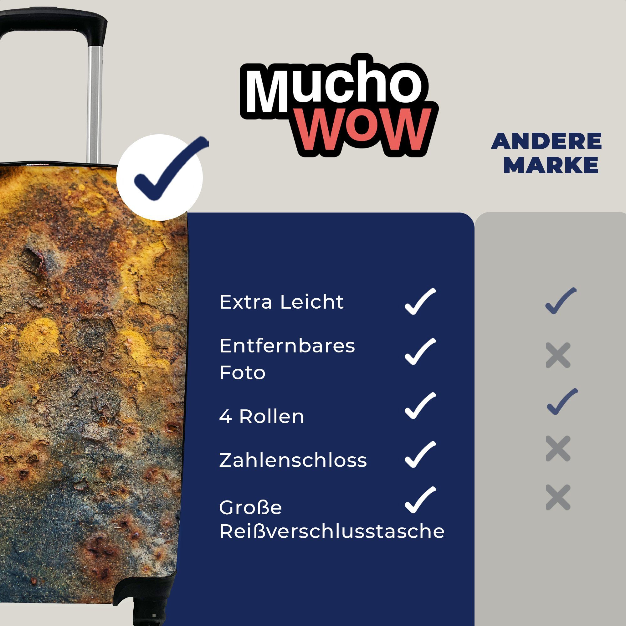 Grau Trolley, Rost Muster, 4 Reisetasche Handgepäck - MuchoWow Handgepäckkoffer - Ferien, Gold mit Rollen, für Reisekoffer Metallisch - rollen, - Abstrakt -