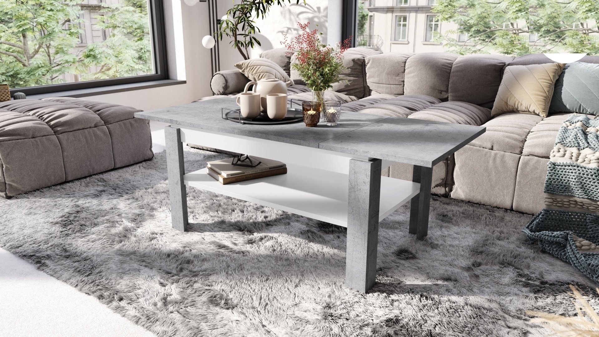 Couchtisch Weiß mit Design Esstisch Tisch Ablagefläche designimpex matt Couchtisch Beton Asti-R / ausziehbar