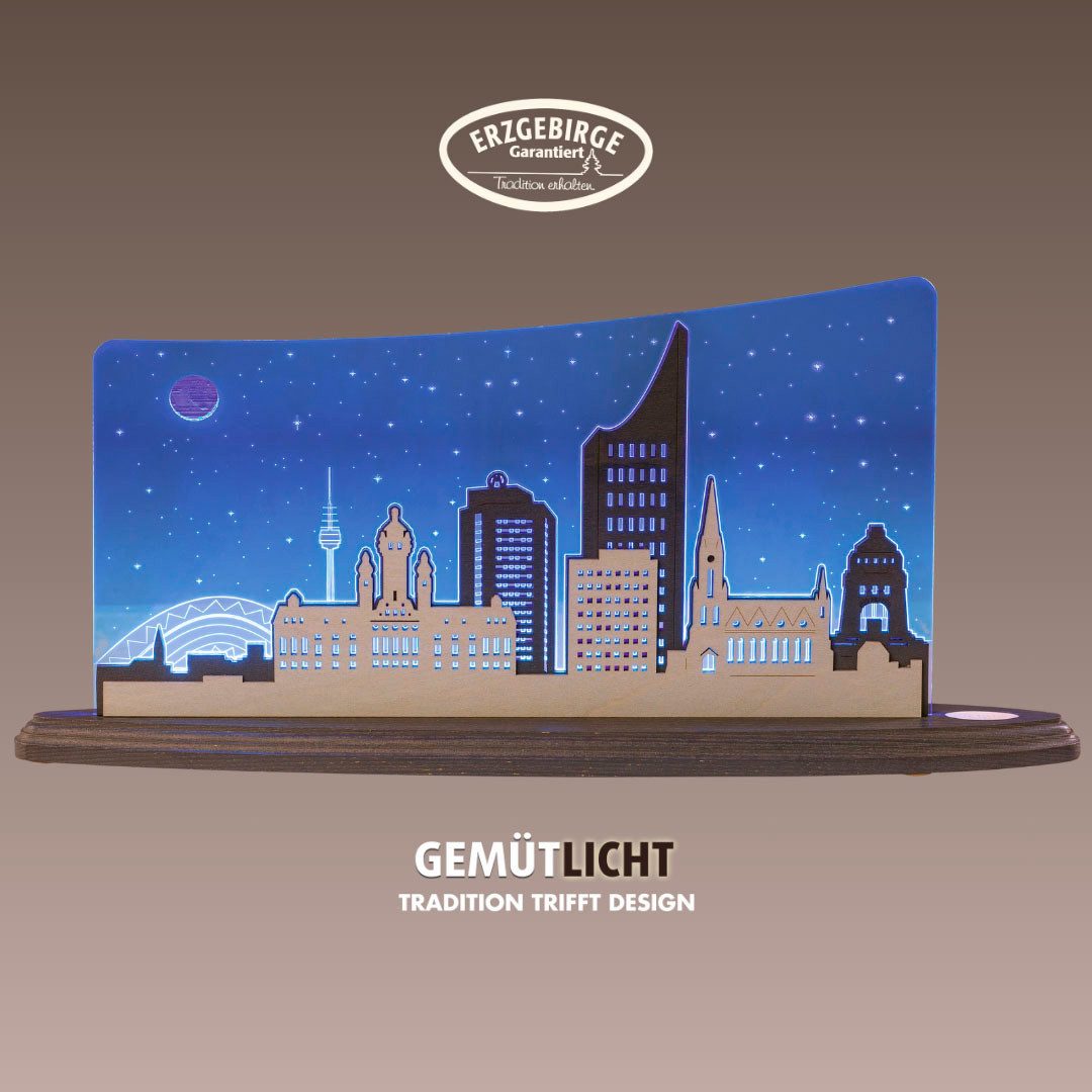Weigla LED Dekolicht Leipzig Panorama, Holz & Acrylglas, BLAU-GRAU-WEIẞ, Made in Germany, LED wechselbar, Neutralweiß, Erzgebirge garantiert, Dekolampe für Innen, Dekoleuchte