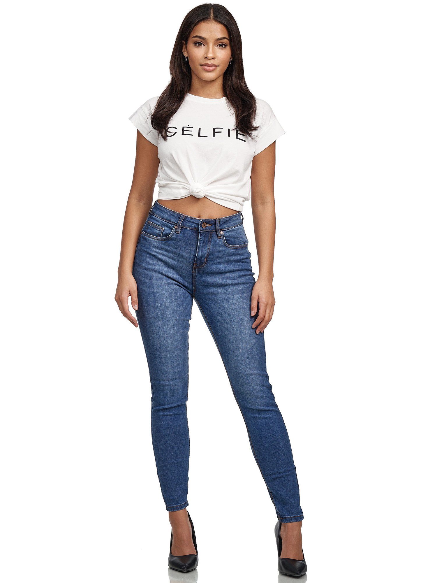 Damen Jeanshose F101 High-waist-Jeans Skinny Tazzio Fit blau