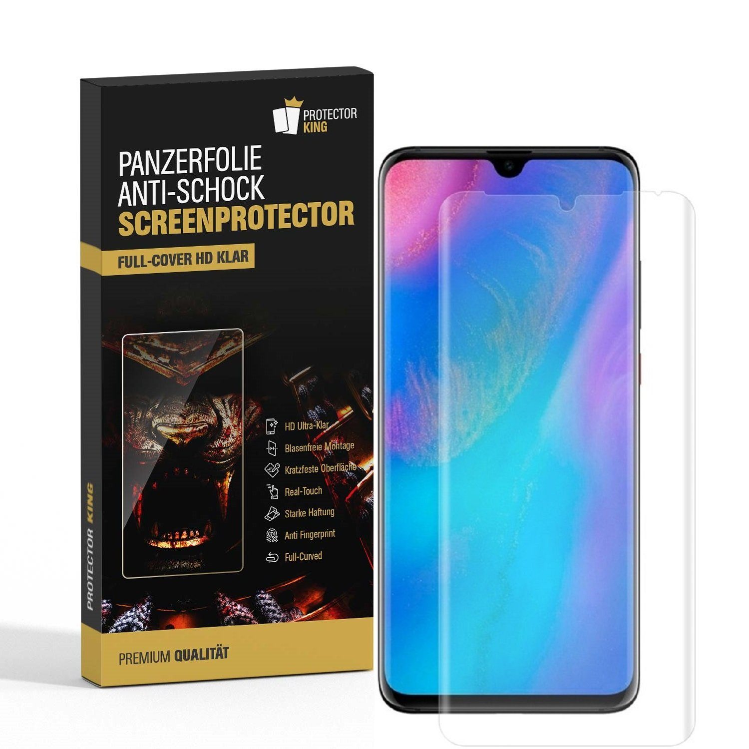 Protectorking Schutzfolie 2x Panzerfolie für Huawei P30 Pro FULL CURVED ANTI-SHOCK Displayschutz, (2-Stück), klar
