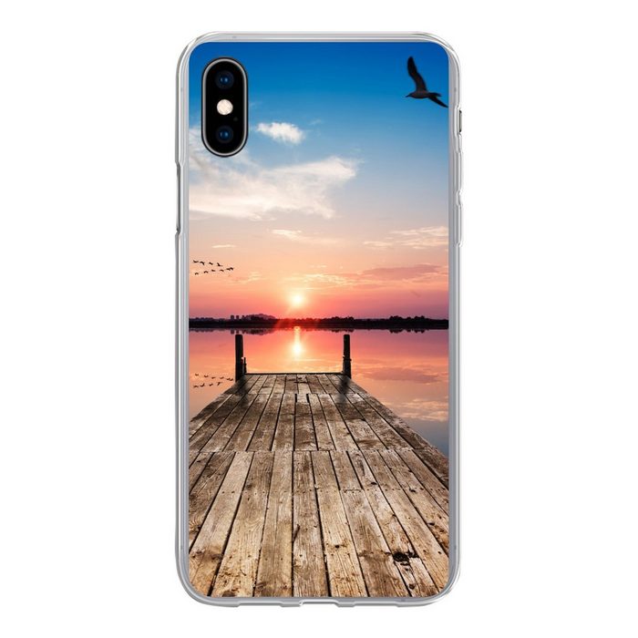 MuchoWow Handyhülle Steg - Wasser - Sonnenuntergang - Rosa - Horizont Handyhülle Apple iPhone Xs Smartphone-Bumper Print Handy