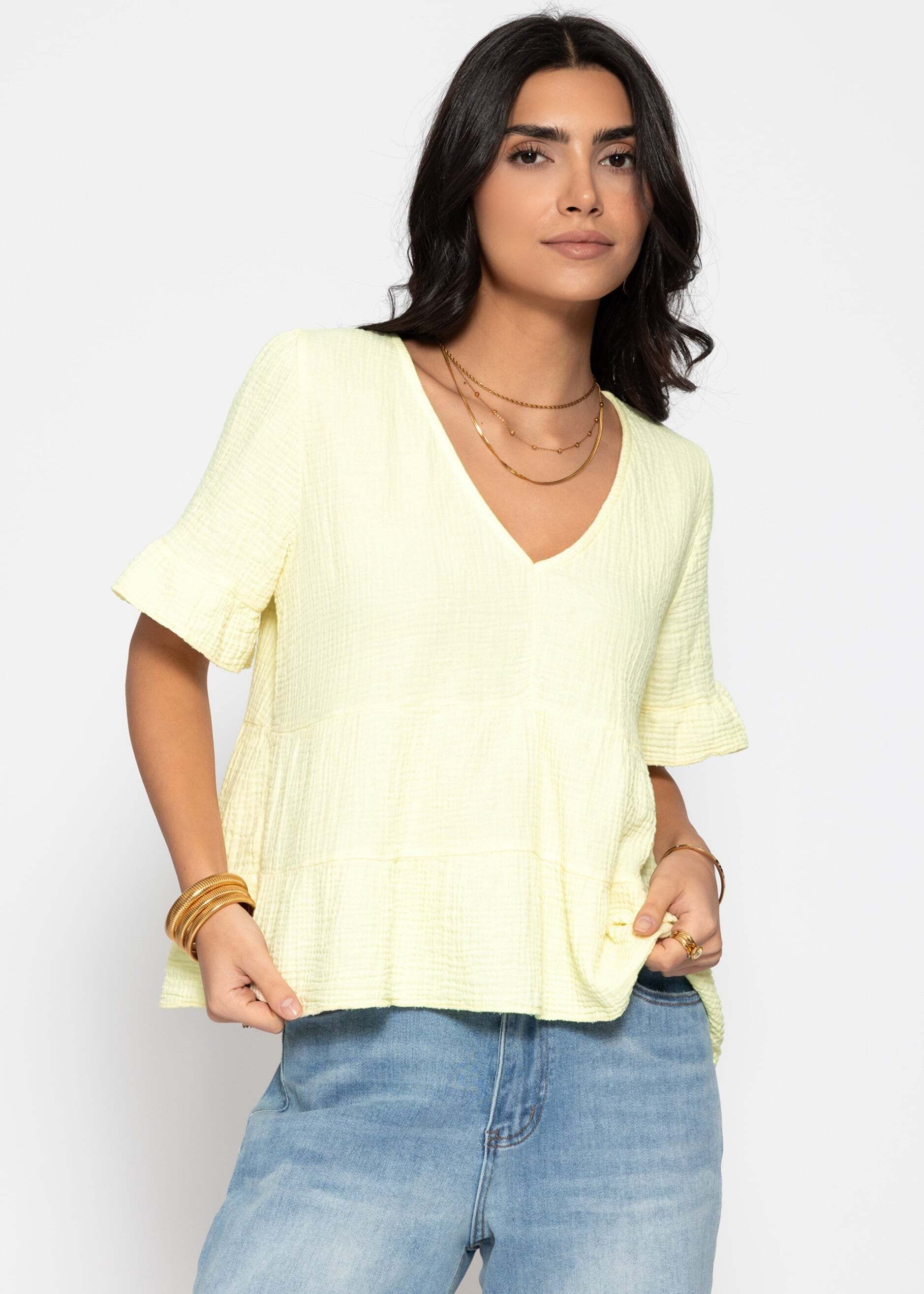 SASSYCLASSY Kurzarmshirt Musselin Shirt mit Volants für Damen Leichtes Baumwolltop mit tiefem V-Ausschnitt im oversized Fit