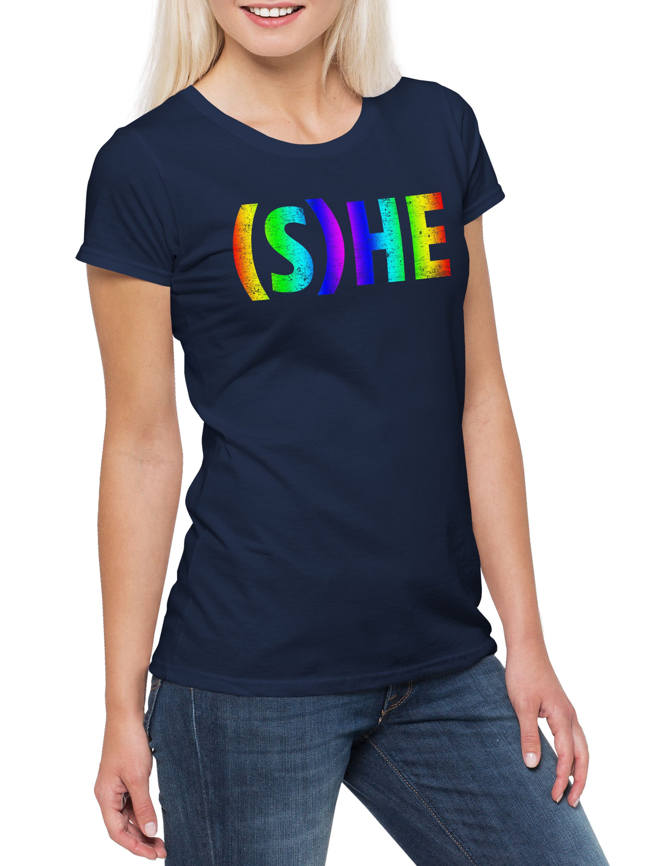 Print-Shirt S He Damen T-Shirt Queer Gay Schwul Lesbian Homosexuell LGBTQ Trans