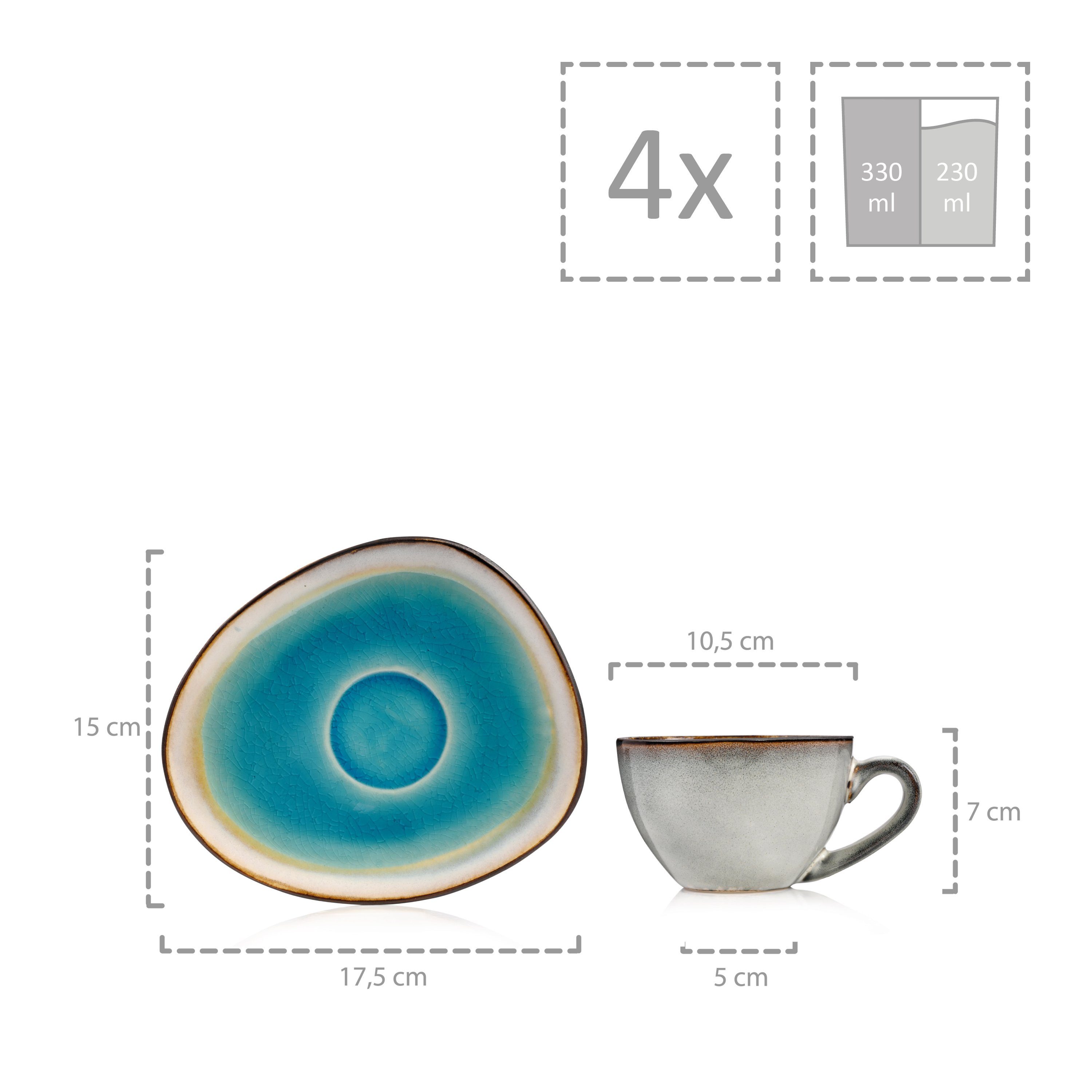 SÄNGER Kaffeeservice Capri Kaffeetassen Set Türkis Blau mit Grauem Rand (8-tlg), 4 Personen, Steingut, 230 ml, Handmade, Premium Collection – Bild 5 von 5