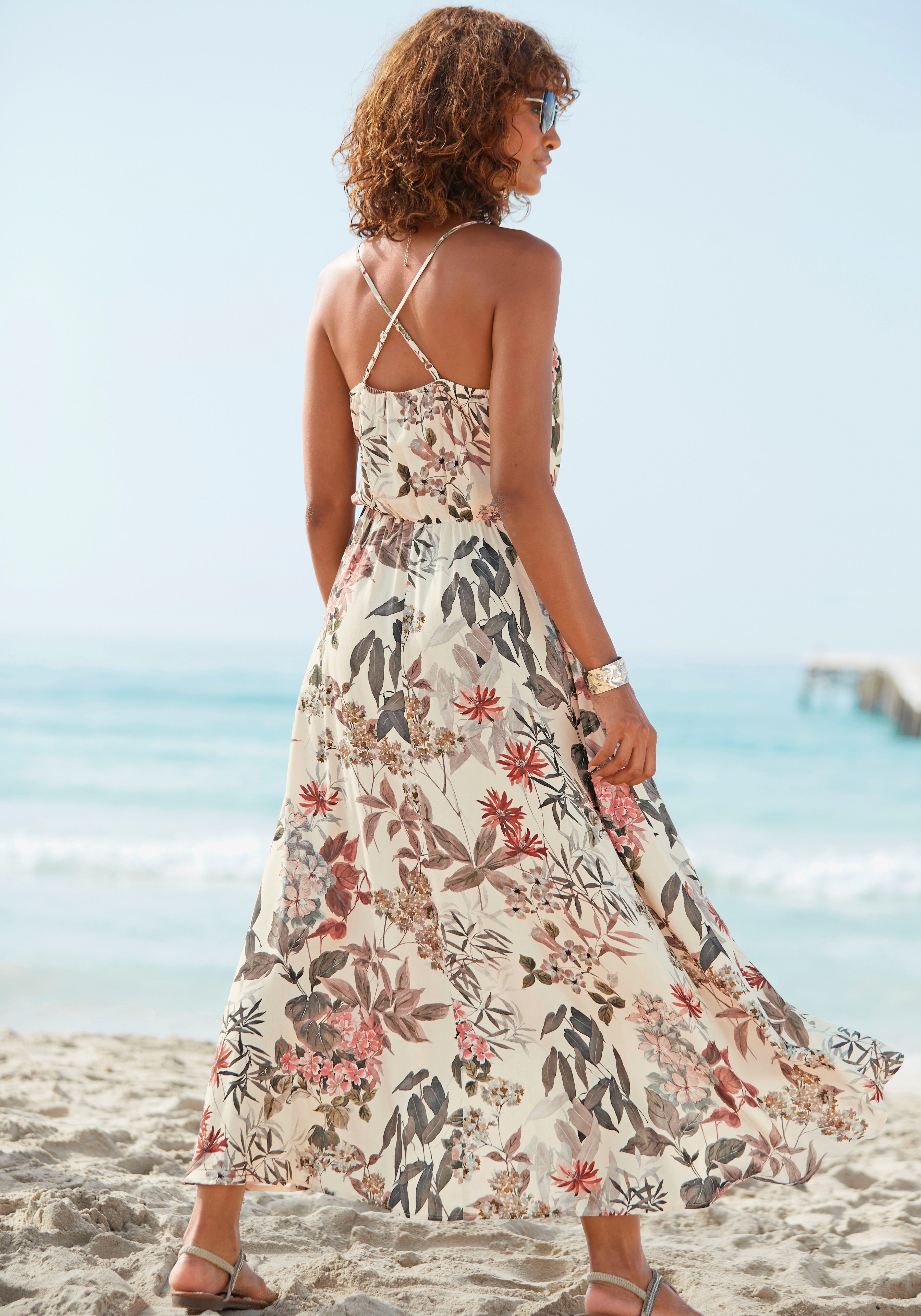 LASCANA Maxikleid im Vokuhila-Stil mit Blumenprint, Druckkleid leichtes Sommerkleid, luftiges Strandkleid, Spaghettikleid, Festival