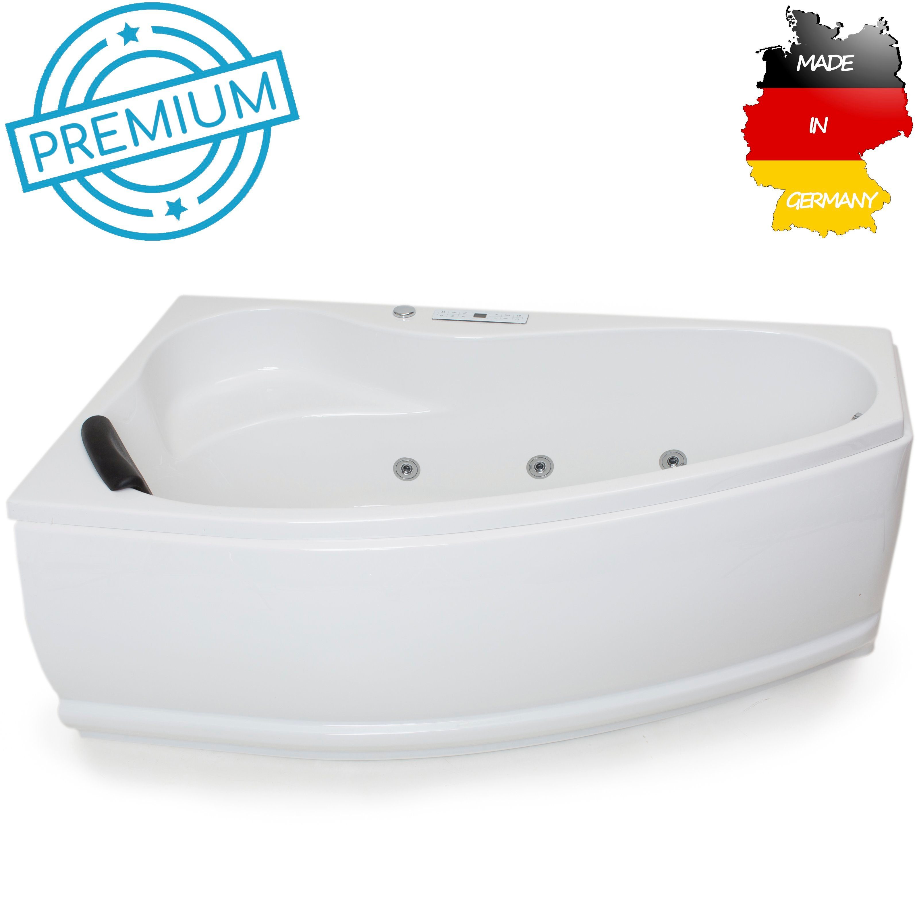 Basera® Whirlpool-Badewanne PREMIUM Indoor Eck-Whirlpool Badewanne Formentera Links 160 x 90 cm, (Komplett-Set), mit 17 Massagedüsen, Heizung, Wasserdesinfektion, Bodenansaugung, L...