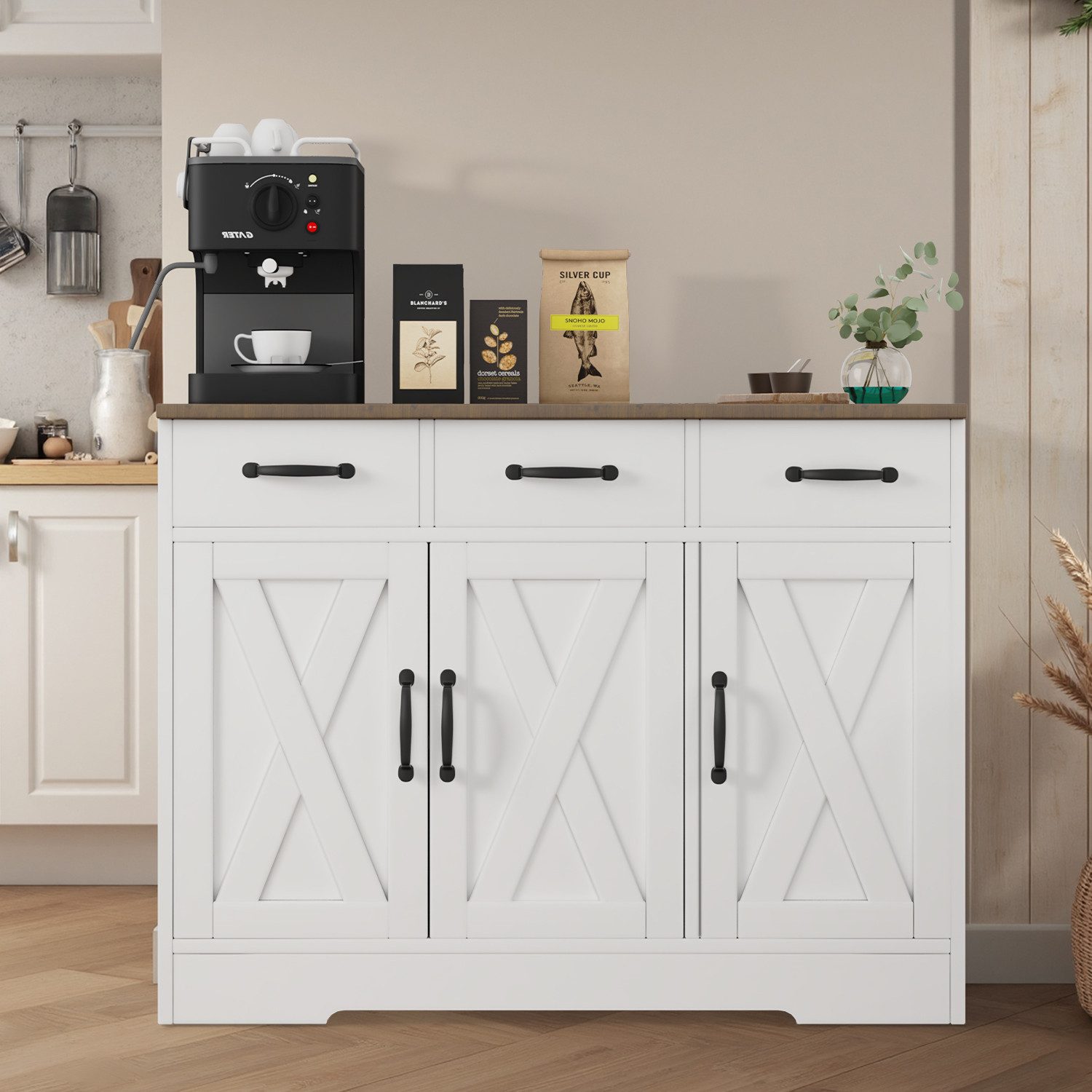 oyajia Sideboard Küchenschrank Aufbewahrungsschrank mit 3 Türen (Sideboard mit Schubladen, Aufbewahrungsschrank mit Türen, für Wohnzimmer Küche Esszimmer), verstellbare Ablage,40 x 108 x 81 cm
