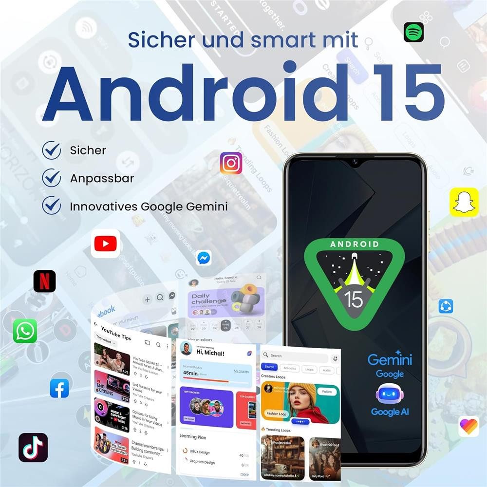 LAGENIO A12 6,9" Android Handy 12GB RAM 128GB 13 MP Kamera 120Hz Seniorenmodus Smartphone (13 MP Kamera, lange Akkulaufzeit 120 Hz Display Gesichtserkennung Handy ohne Vertrag)