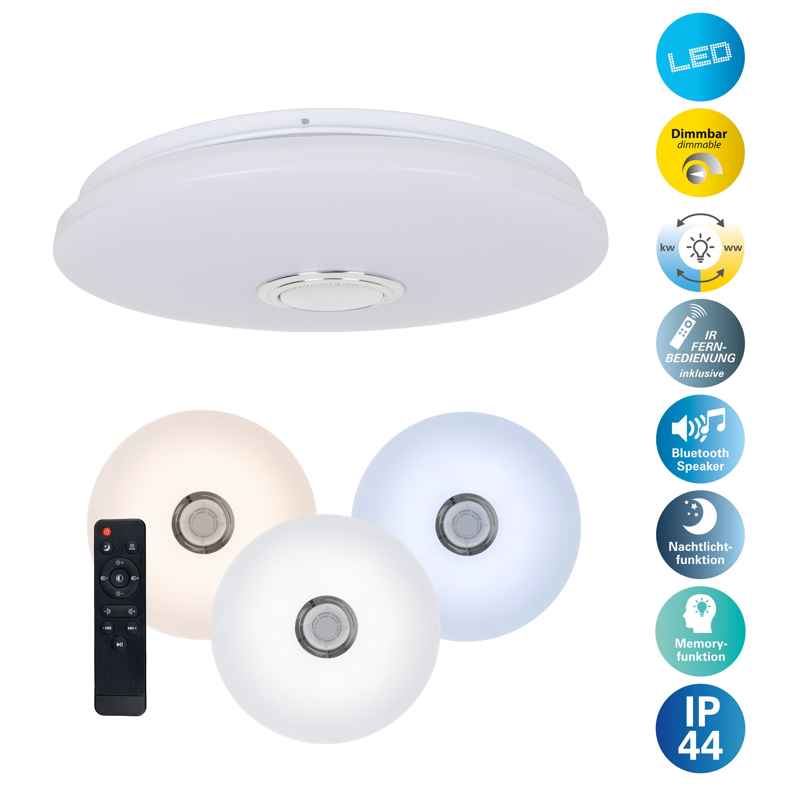 näve LED Deckenleuchte Norderney, Bluetooth-Lautsprecher, CCT - über Fernbedienung, Dimmfunktion, Fernbedienung, Infrarot inkl., Memoryfunktion, Nachtlichtfunktion, dimmbar über Fernbedienung, mehrere Helligkeitsstufen, LED wechselbar, warmweiß - kaltweiß, Naturgeräusche, Bluetooth Speaker, CCT, Memory, Nachtlicht, dimmbar