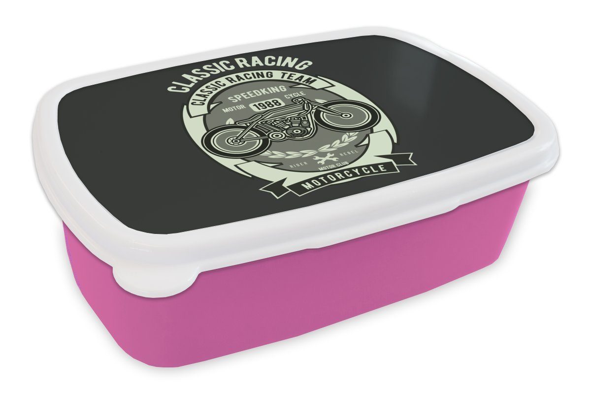 MuchoWow Lunchbox Motorrad - Zeichnung - Retro, Kunststoff, (2-tlg), Brotbox für Erwachsene, Brotdose Kinder, Snackbox, Mädchen, Kunststoff rosa