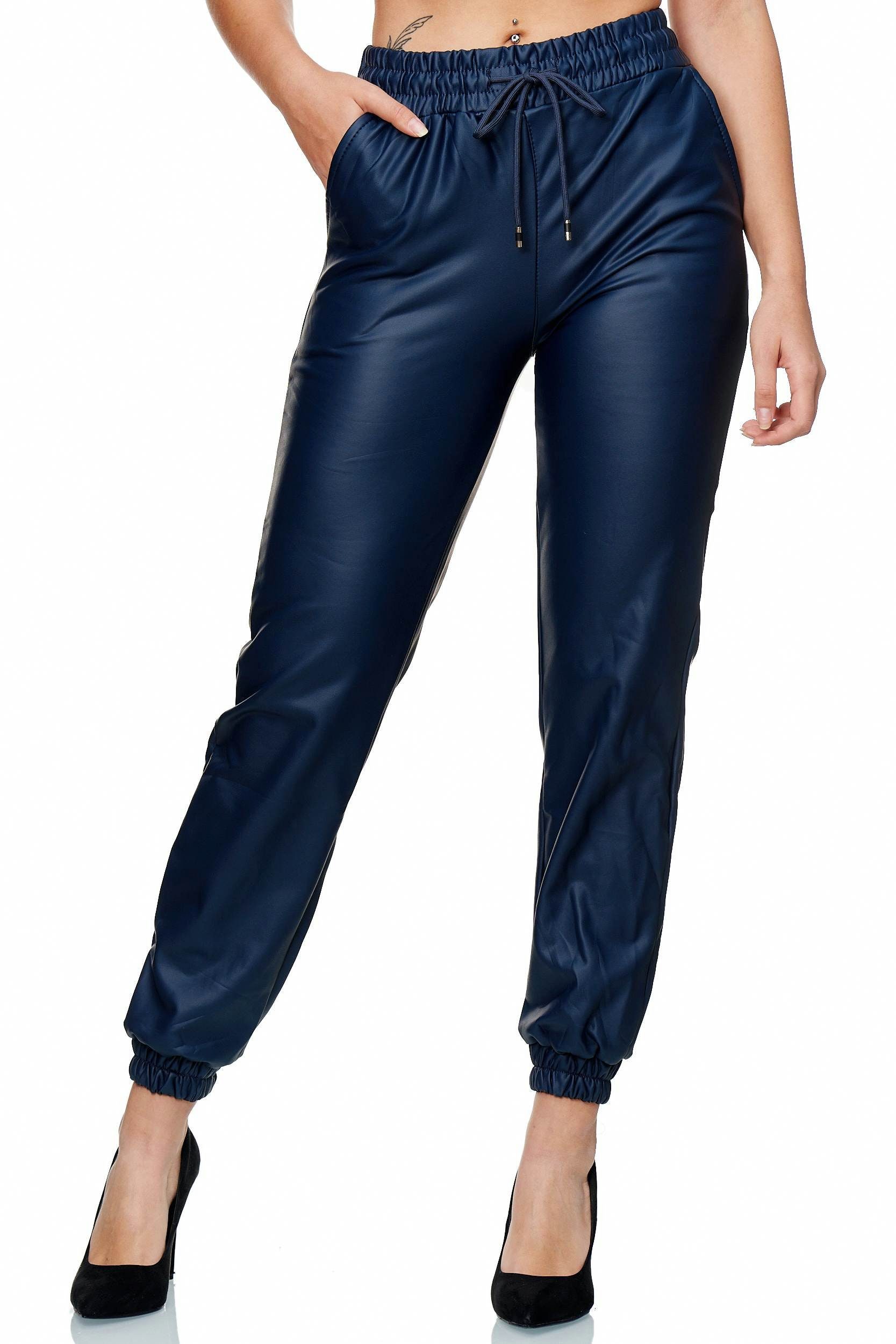 Egomaxx Lederimitathose 3455 Damen Kunstleder Hose Jogginghose Uni Gummibund Gefüttert