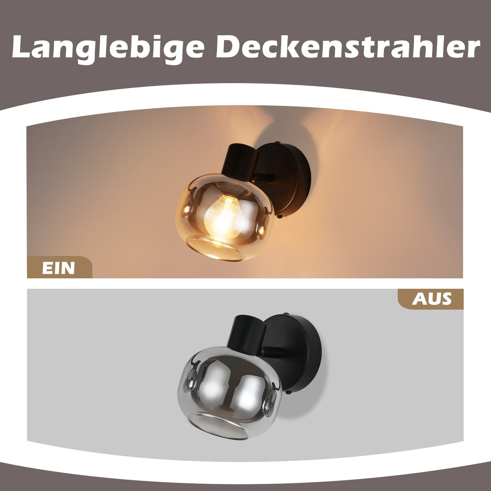 ZMH Deckenleuchte Wohnzimmer Rauchgrau Glas Drehbar 350° Vintage Deckenstrahler Küche, DIY Austauschbare Lichtquelle, ohne Leuchtmittel – Bild 5 von 5