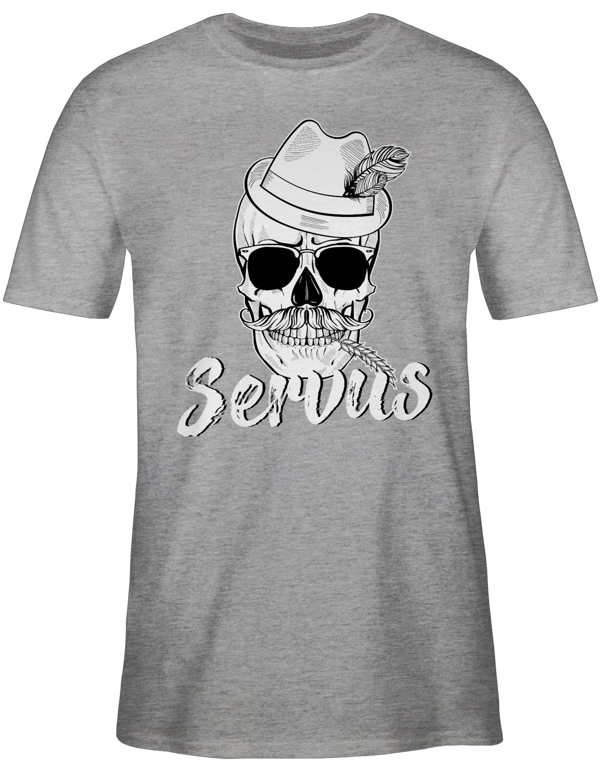 Herren Servus Bayern Totenkopf T-Shirt für Oktoberfest Shirtracer Mode 03 Grau meliert