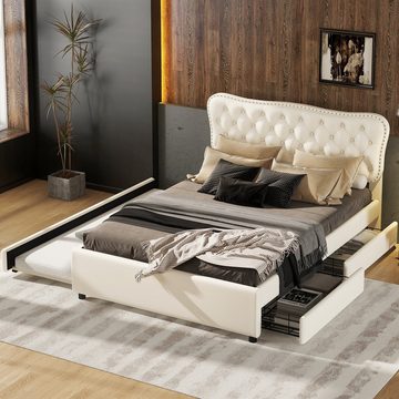 Welikera Bett 140*200cm (90*190cm)Doppelbett,Podestbett mit Rollbett,2 Schubladen,PU, Weiß/Beige