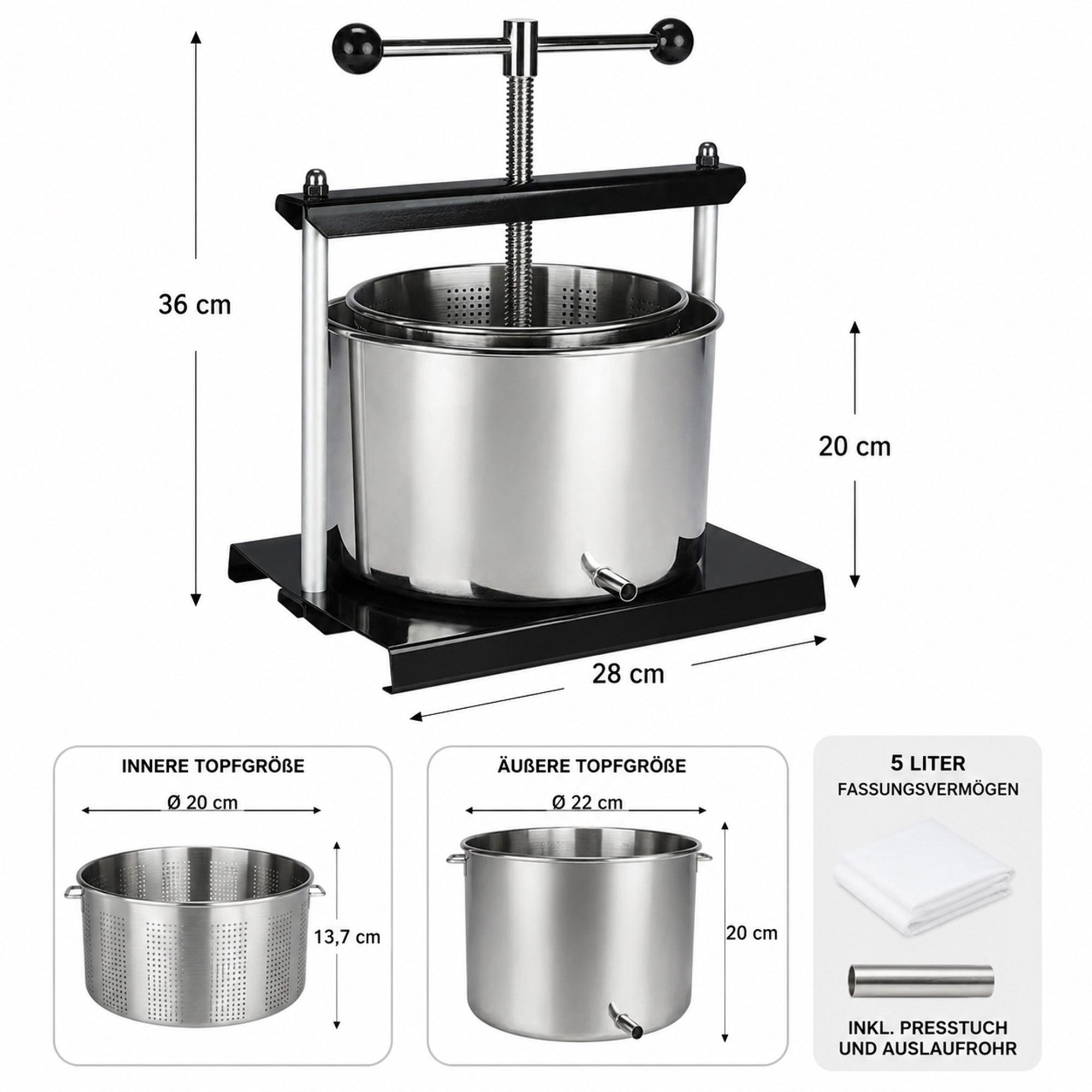 Mucola Entsafter Obstpresse Entsafter Fruchtpresse 5 Liter Edelstahl Saftpresse Presse, 0 W, rostfrei