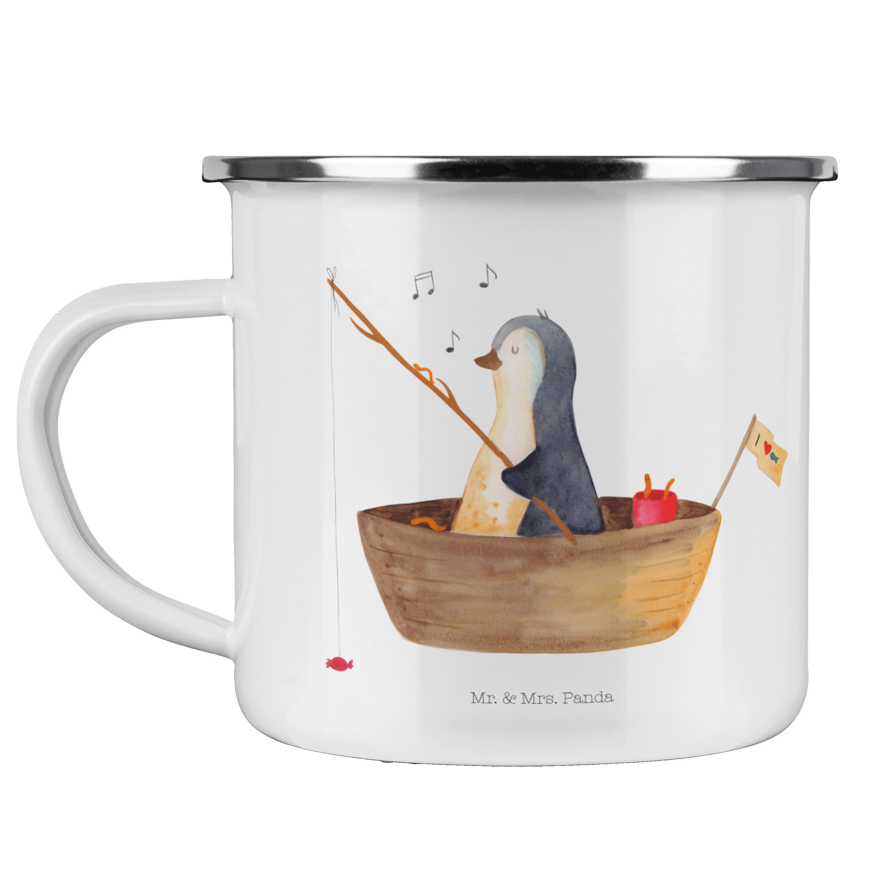 Geschenk, & Mr. - Pinguin Mrs. Campingbe, Weiß Panda Angelboot Emaille Becher Tasse, Outdoor Emaille -