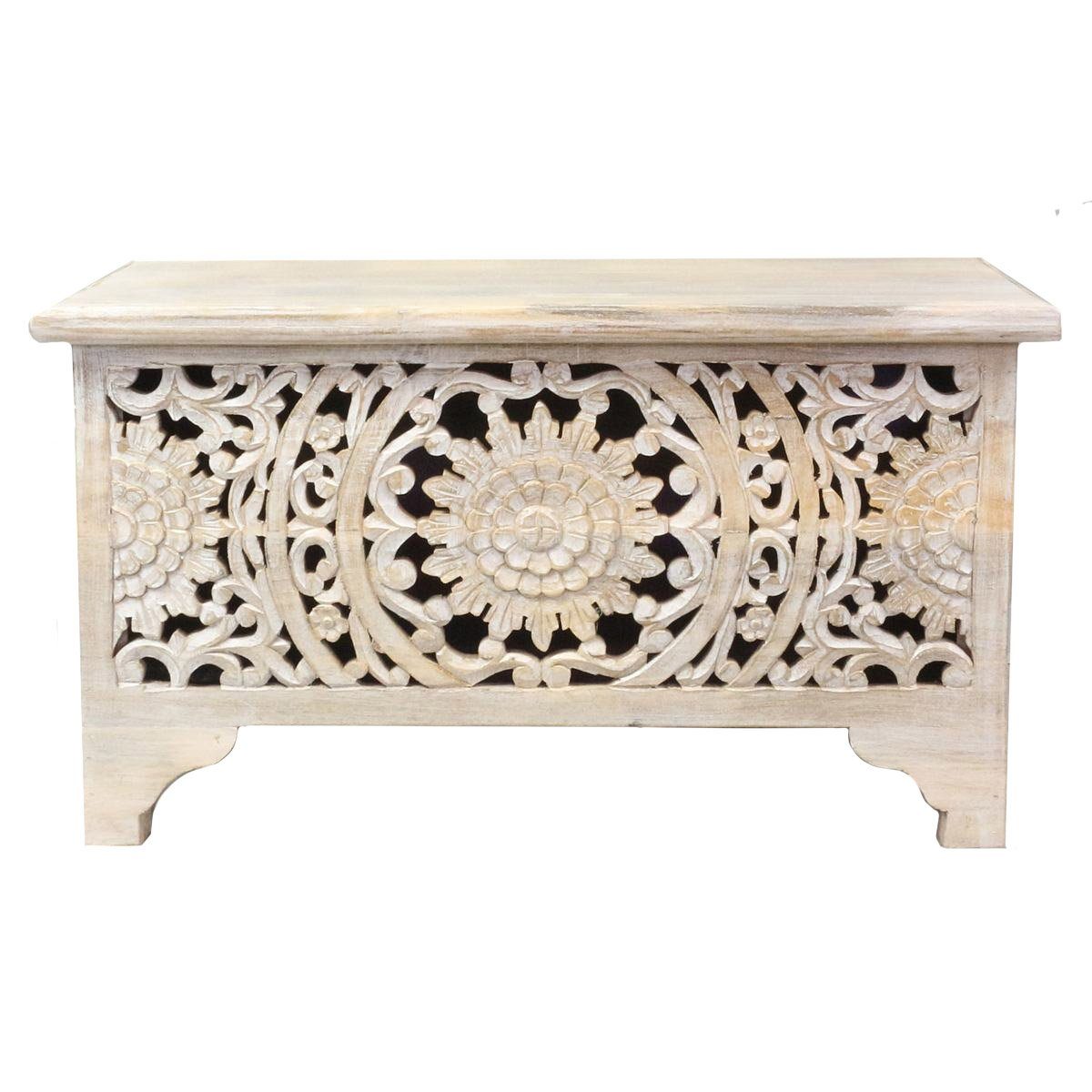 Oriental Galerie Truhe Indische Truhe Schnitzerei weiß 80cm, Holztruhe, Couchtisch mit Fach, Truhentisch Wohnzimmer Holz