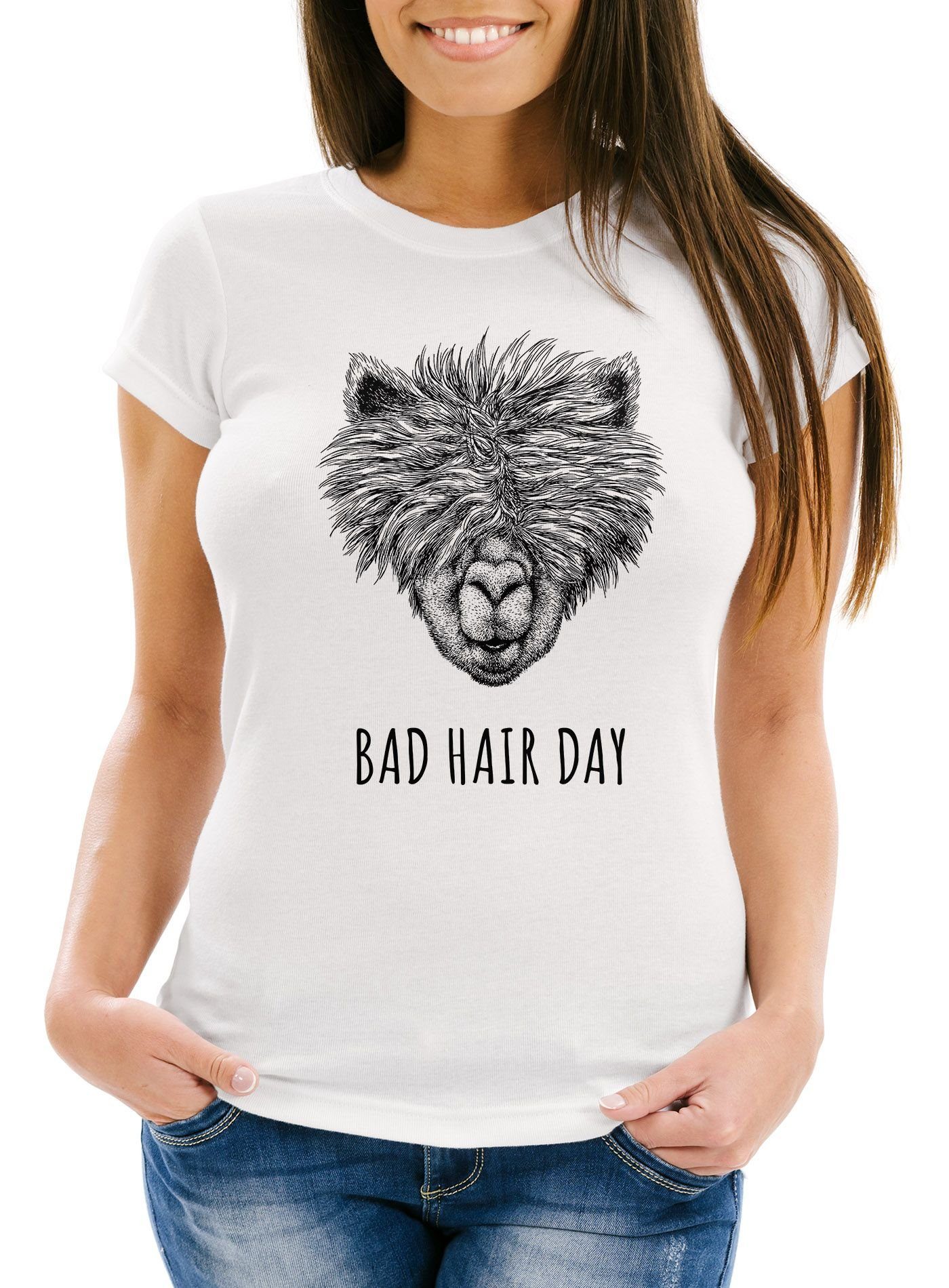 MoonWorks Print-Shirt Damen T-Shirt lustig strubbelig haariges Lama Bad  hair day Spruch Statement Fun-Shirt Alpaka Slim Fit Moonworks® mit Print