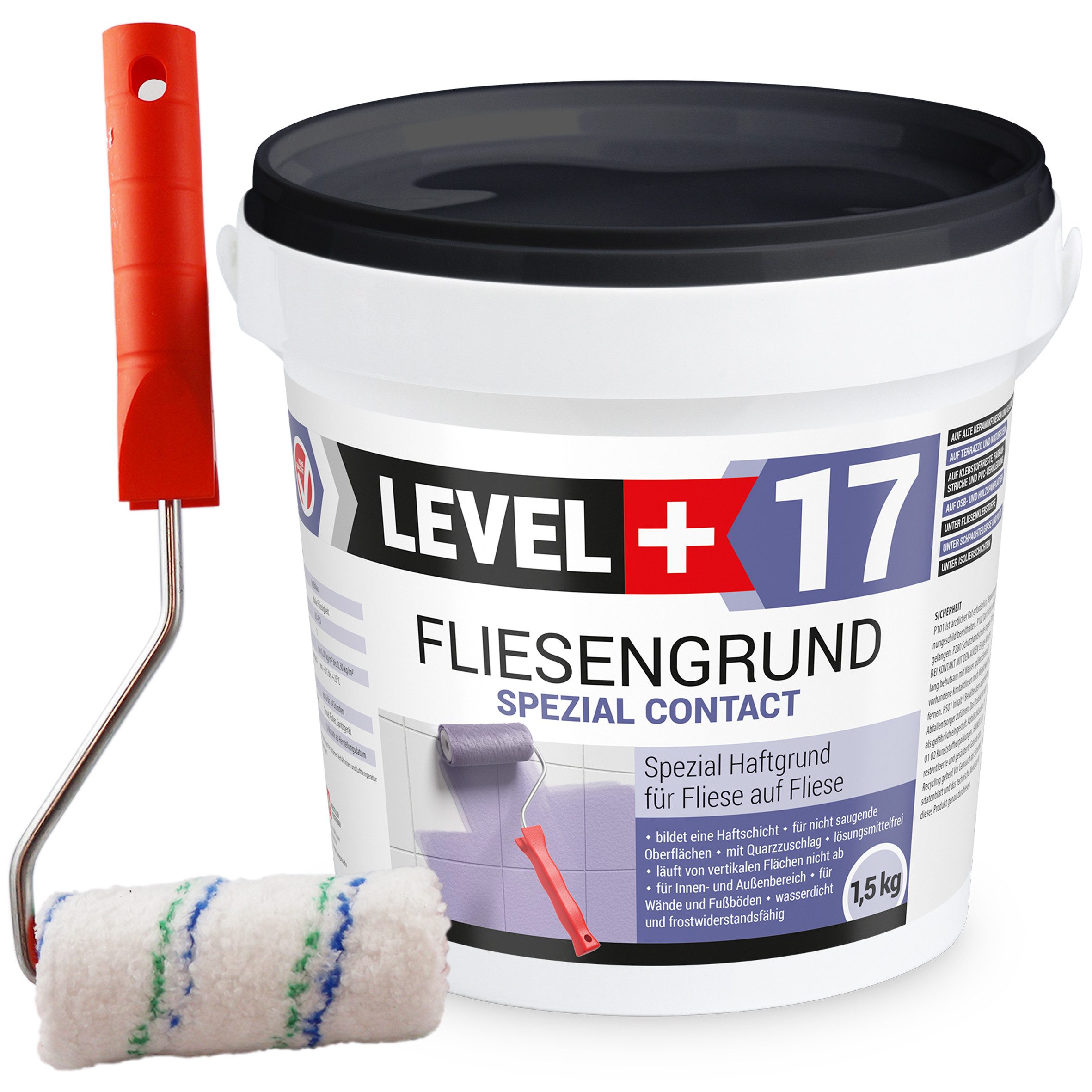Level+ Haftgrund LEVEL+ Fliesengrund Haftgrund Quarzgrund 1,5KG L+17 + Farbroller