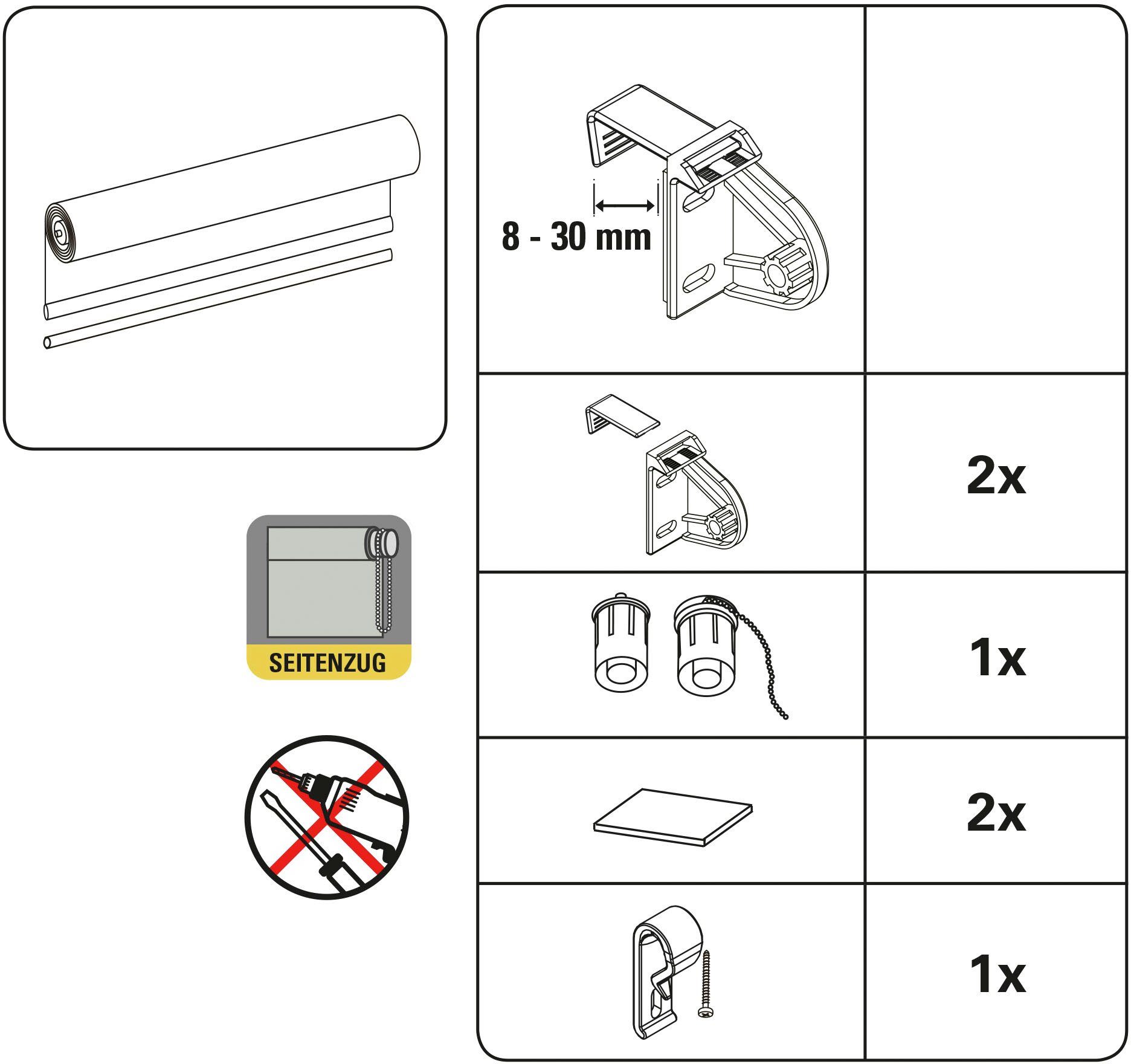 Seitenzugrollo weiß / Dekor, GARDINIA, blickdicht, ohne Bohren, freihängend, Klemmfix, Klemmträger mit Feststellschraube