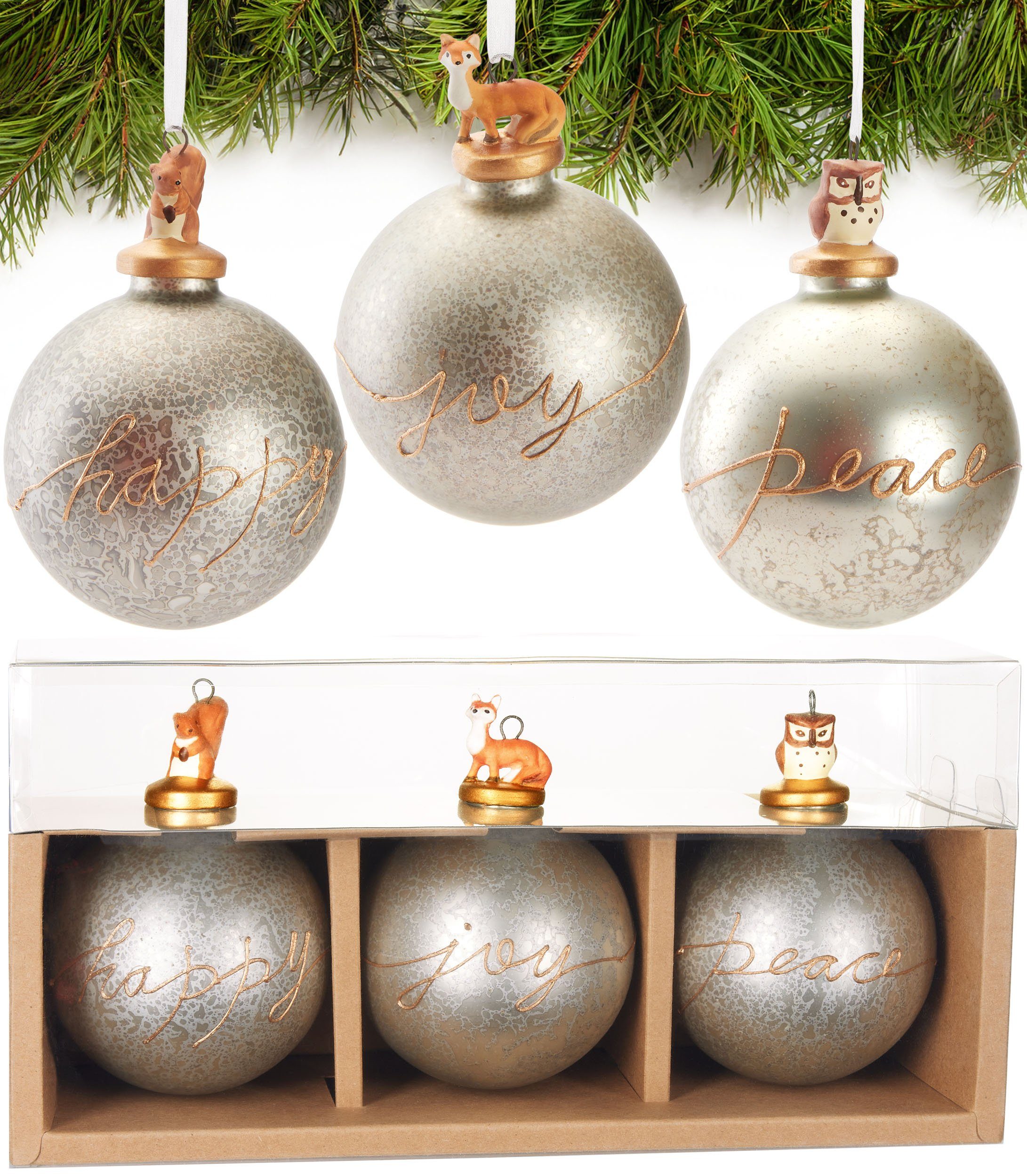 Weihnachtsbaumkugel 3er Set Weihnachtskugeln - Premium Glas Baumkugeln mit Porzellan Figur