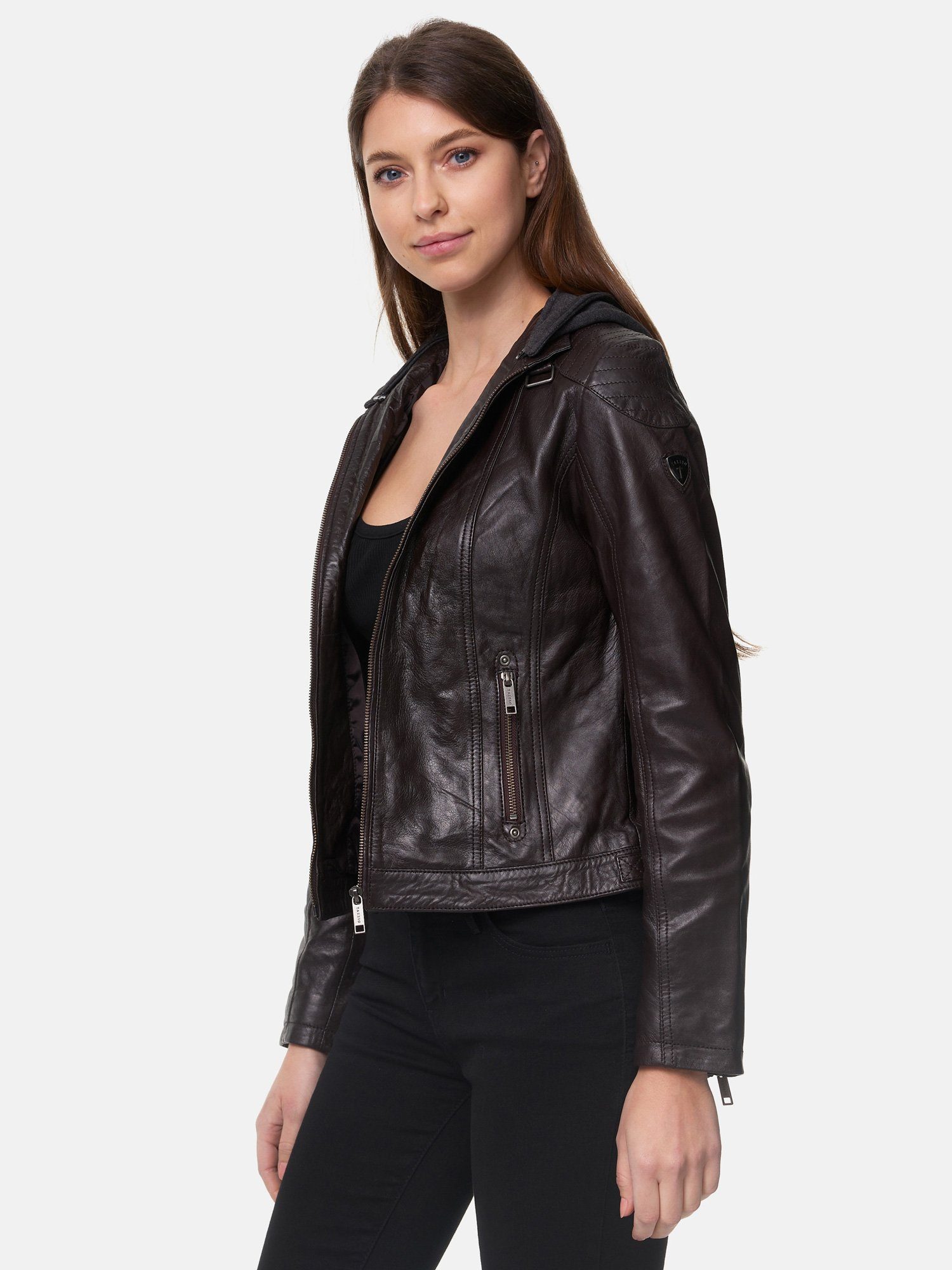 Tazzio Lederjacke F503 Damen Leder Jacke im Biker Look mit abnehmbarer Kapuze