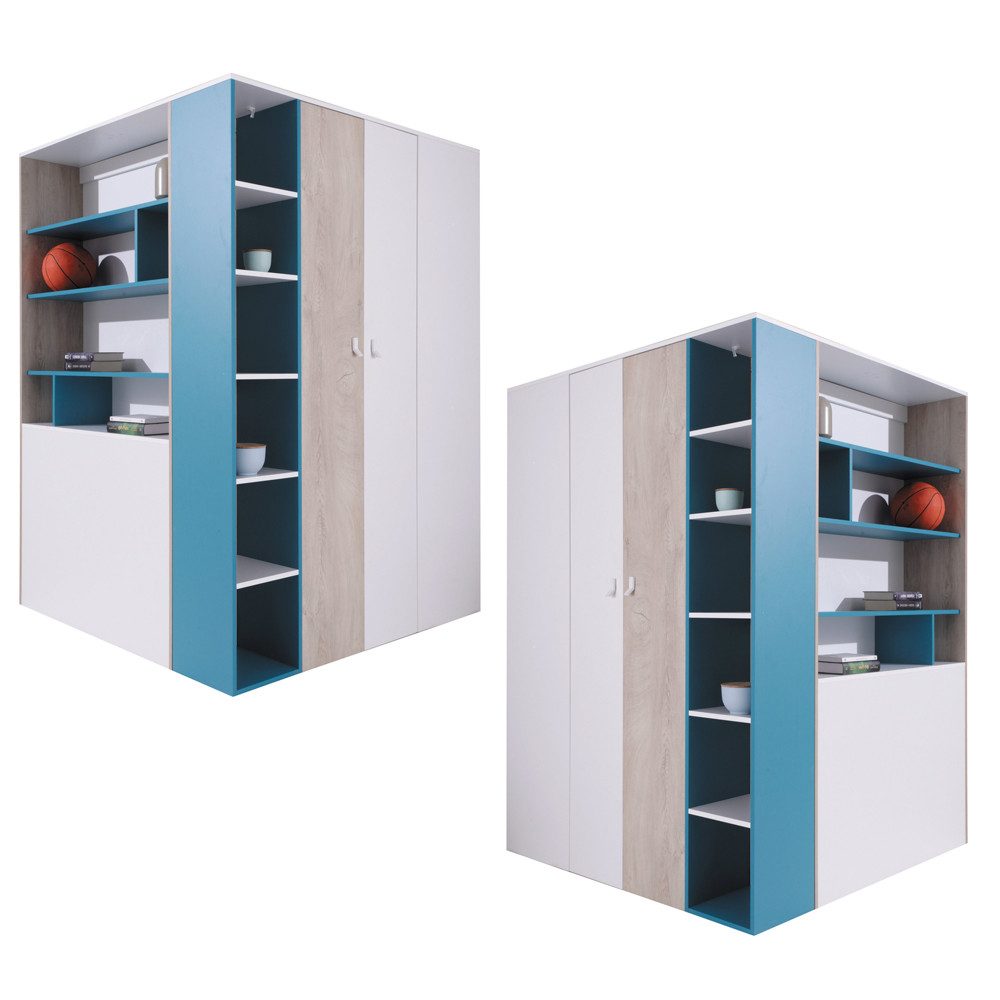 Lomadox Jugendzimmer-Set PITTSBURGH-133, (Sparset, 4-tlg), mit begehbarem Kleiderschrank und Schreibtisch, weiß/Eiche/blau