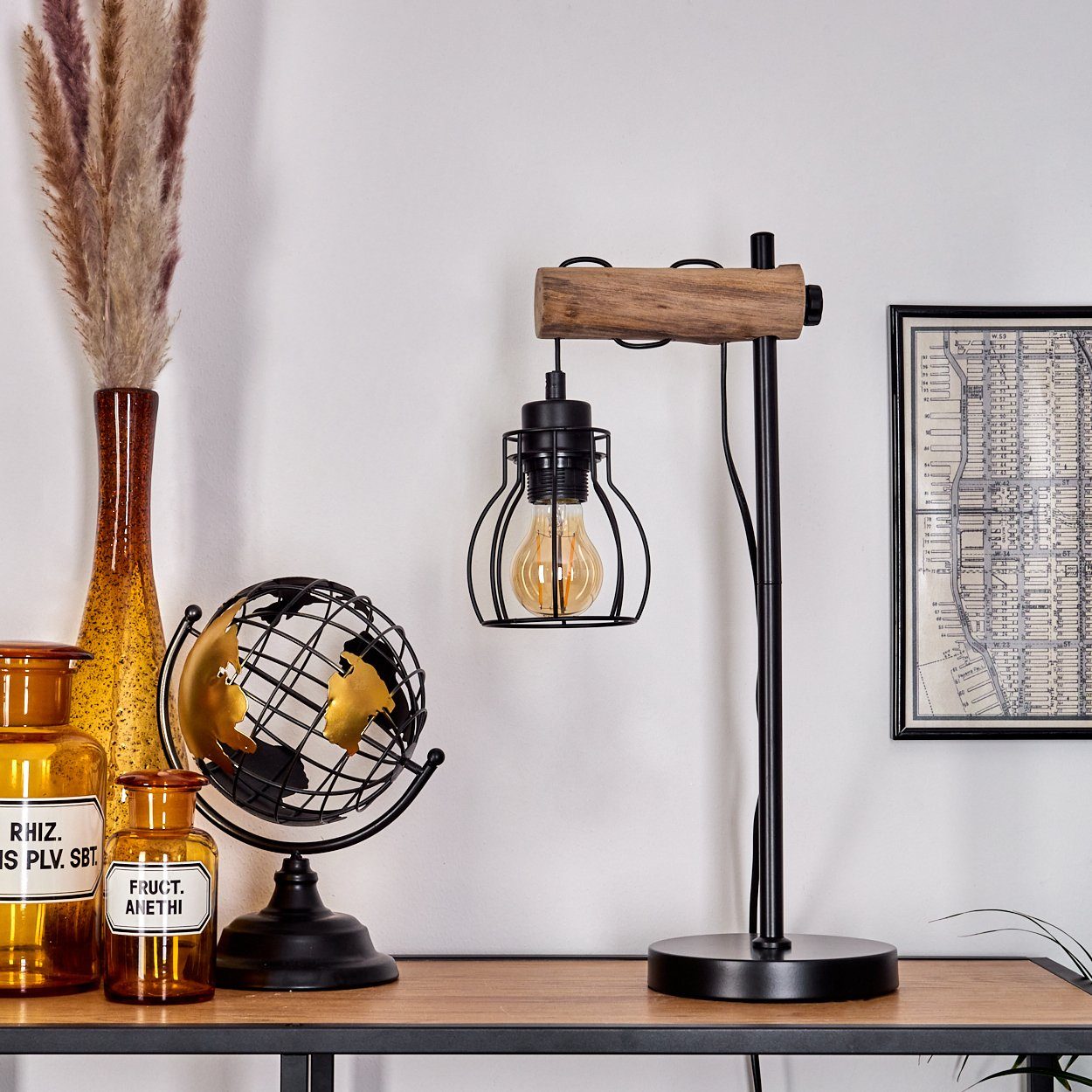 hofstein Tischleuchte »Aprica« aus Metall/Holz in Schwarz/Braun, ohne Leuchtmittel, mit höhenverstallbarem Schirm, E27, Lichteffekt durch Gitter-Optik