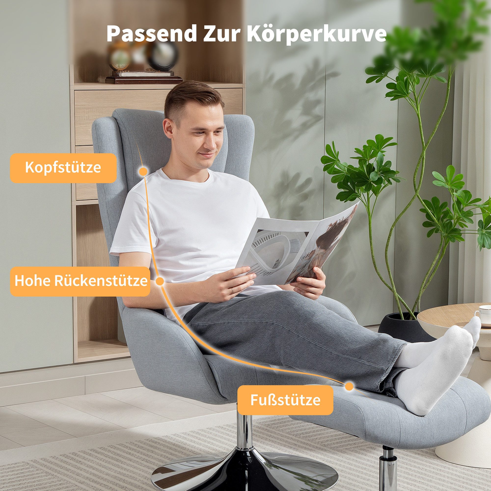 HOMCOM Relaxsessel Fernsehsessel 360°drehbar, hohe Rückenlehne, TV-Sessel Samtoptik (Loungesessel, 2-St., Armlehnstuhl), für Schlafzimmer, Wohnzimmer, Grau – Bild 4 von 5