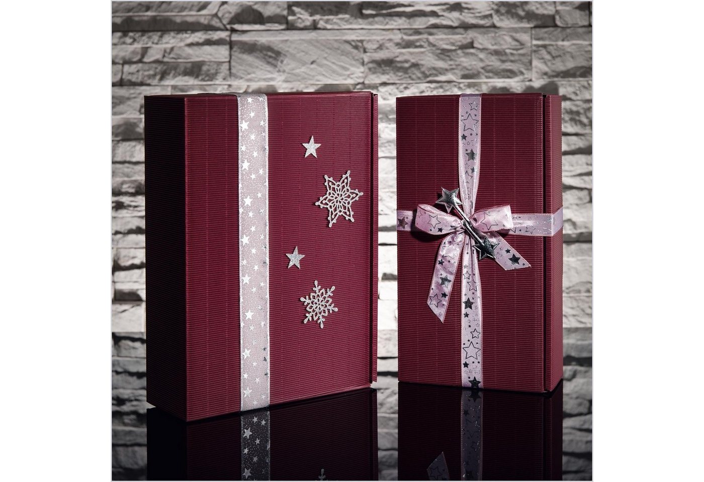 Thumbnail - KK Verpackungen Geschenkbox (25 St), Präsentkarton für 3 Flaschen 360x250x90mm offene Welle Rot Bordeaux