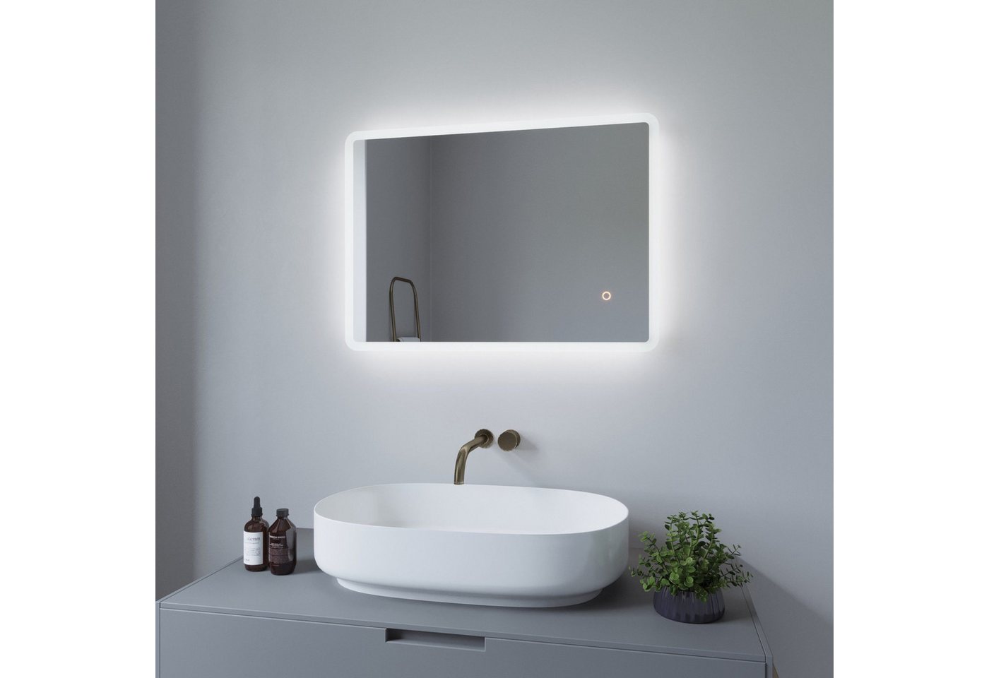 Thumbnail - AQUALAVOS Badspiegel Led Badspiegel Touch Wandspiegel mit Beleuchtung 70x50cm Kaltweiß IP44, Touch-Schalter Dimmbar, Hor...