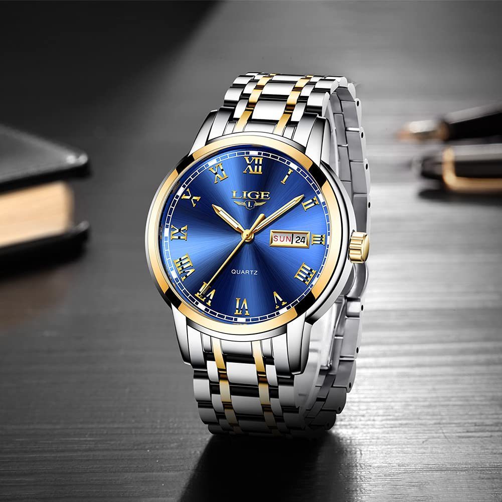 GelldG Uhr Uhren analog mit Sportuhr Business Uhrenarmband Wasserdicht Blau Mode Gold, Quarz