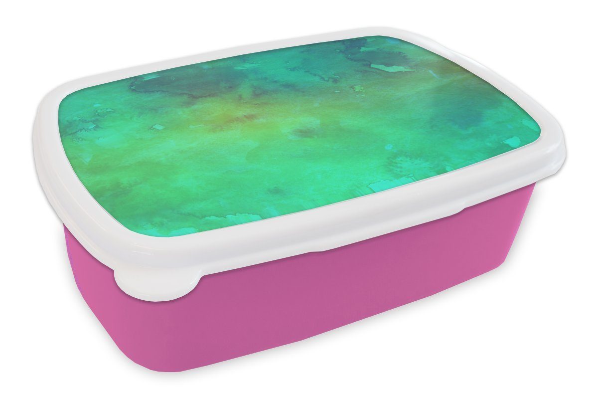 MuchoWow Lunchbox Aquarell - Grün - Dunkelgrün - Abstrakt, Kunststoff, (2-tlg), Brotbox für Erwachsene, Brotdose Kinder, Snackbox, Mädchen, Kunststoff rosa