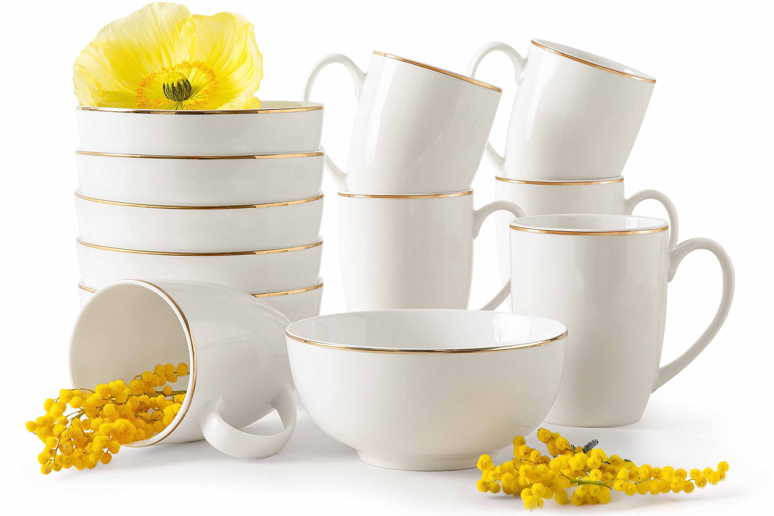 KONSIMO® Frühstücks-Geschirrset AD BELLA Frühstücksservice, Kombiservice, Hartporzellan (12-tlg), 6 Personen, Porzellan, ecru Farbe mit Goldlinie, Handwäsche empfohlen, zeitloses Design