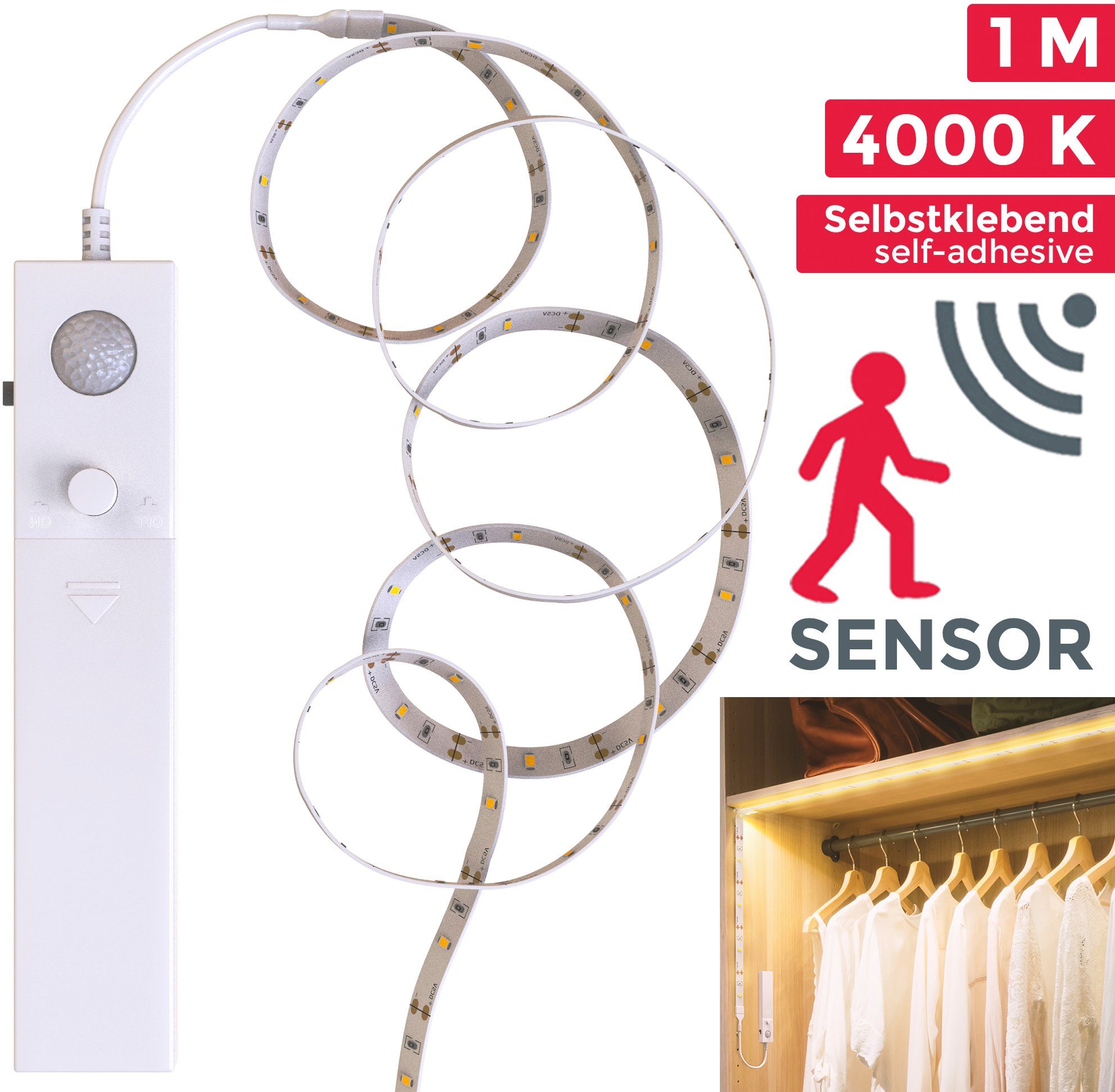 mit Silikonbeschichtung BK_LS1185 LED 30-flammig, LED Stripe Selbstklebend, LED Batteriebetrieben B.K.Licht 1m, Band mit Strip Schrankbeleuchtung, Bewegungsmelder, (exkl),