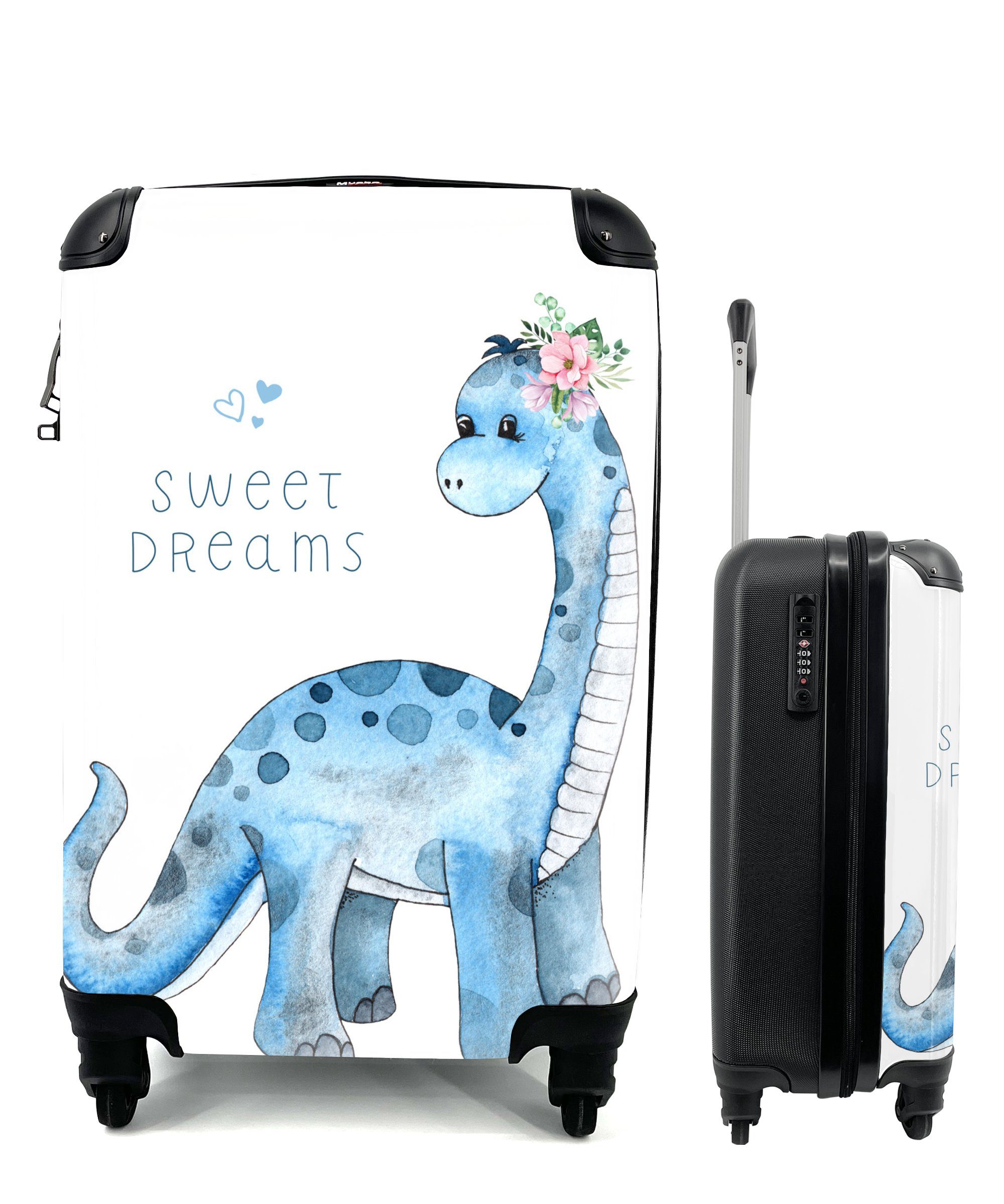 Ferien, - Mädchen Kinderzimmer Reisetasche rollen, Rollen, - - mit 4 Blau Kinder, Reisekoffer - - Jungen Handgepäckkoffer MuchoWow Dinosaurier Trolley, für Handgepäck
