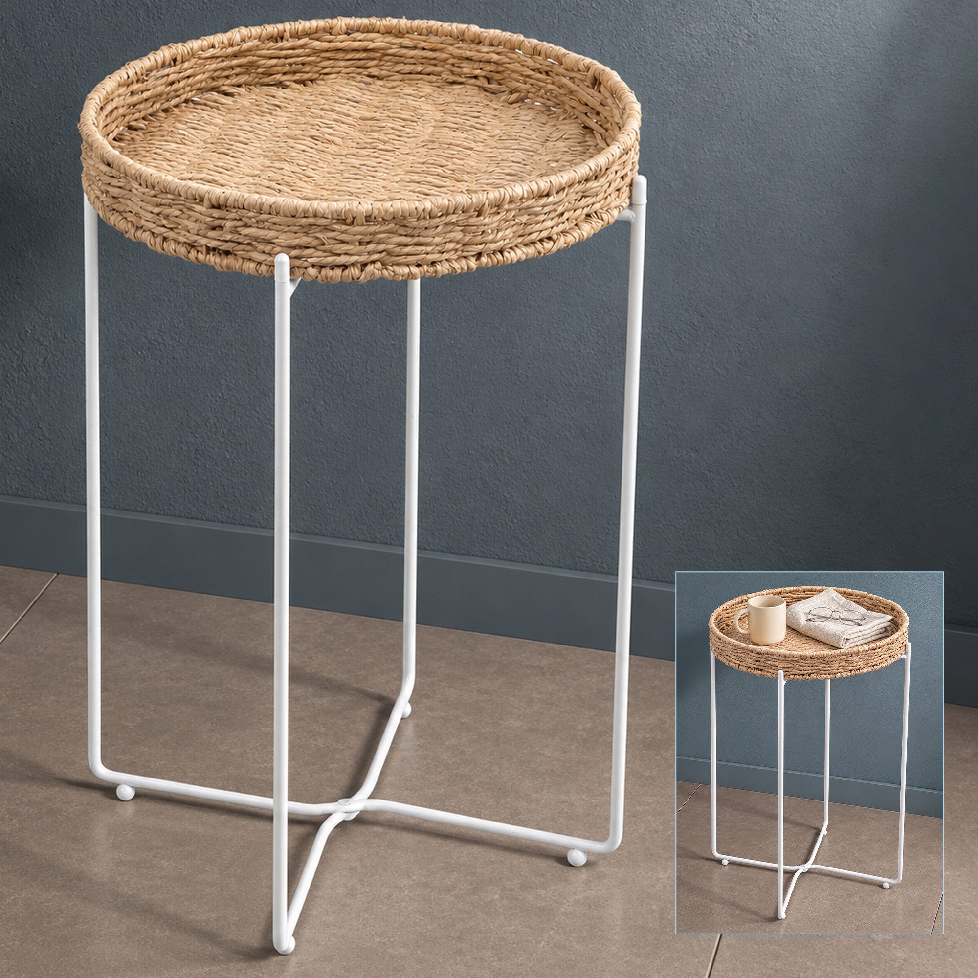 doporro Beistelltisch Couchtisch kleiner Tisch mit 1/2 geflochtenen Ablagen rund Reglo-08, Zwei Materialien zur Auswahl
