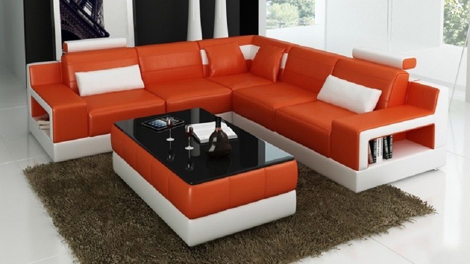 Wohnlandschaft Ecksofa Made Polster JVmoebel in Hocker Designer Europe Sofa Ecksofa Orange/Weiß Couch L-Form,