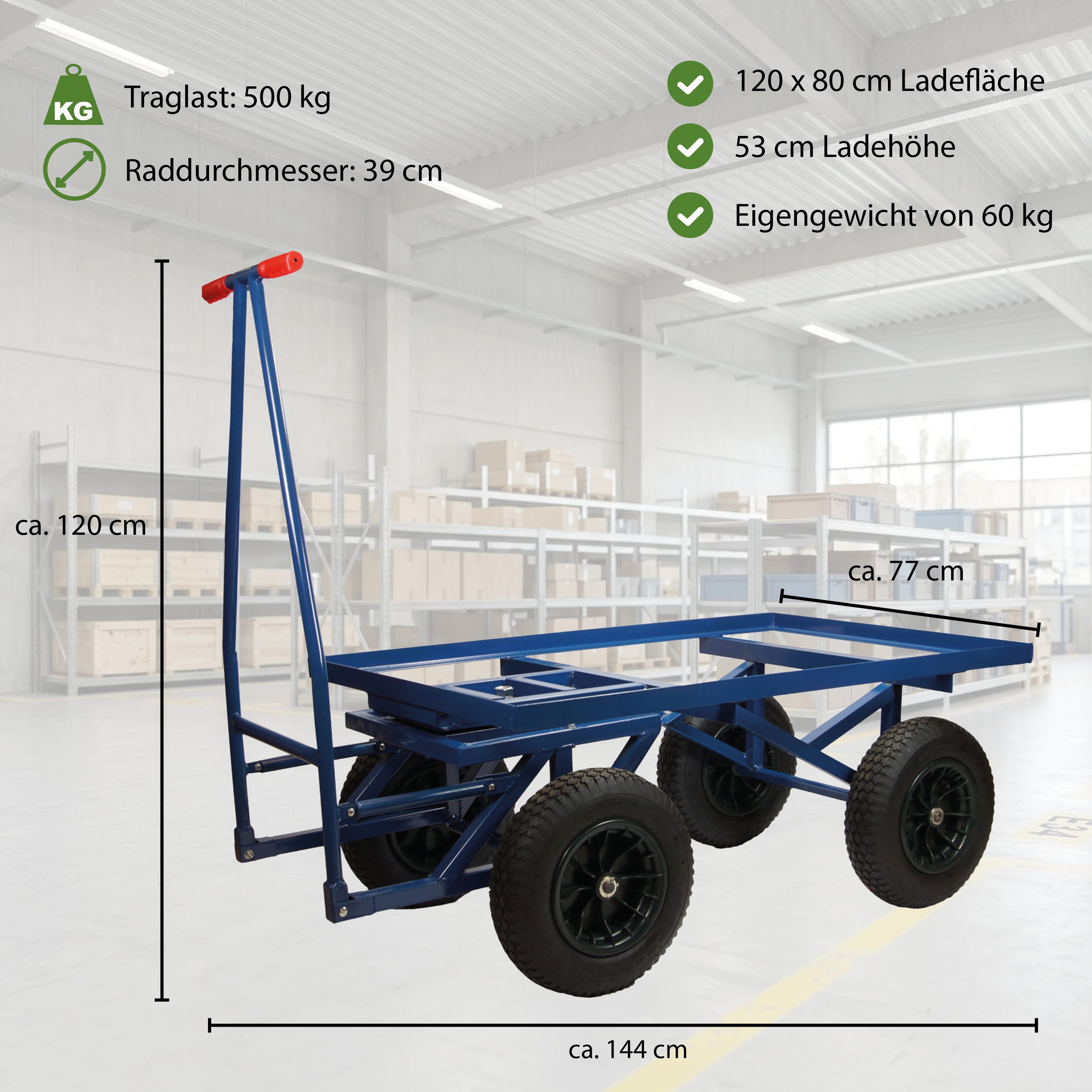 TRUTZHOLM Transportwagen XXL Profi Plattformwagen 500 kg 120x80 cm Palettenwagen mit Bremse