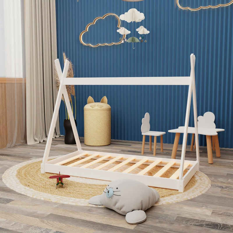 HAGO Kinderbett Montessori Kinderbett 140x70cm weiß Tipi Spielbett Zeltform Holz boden