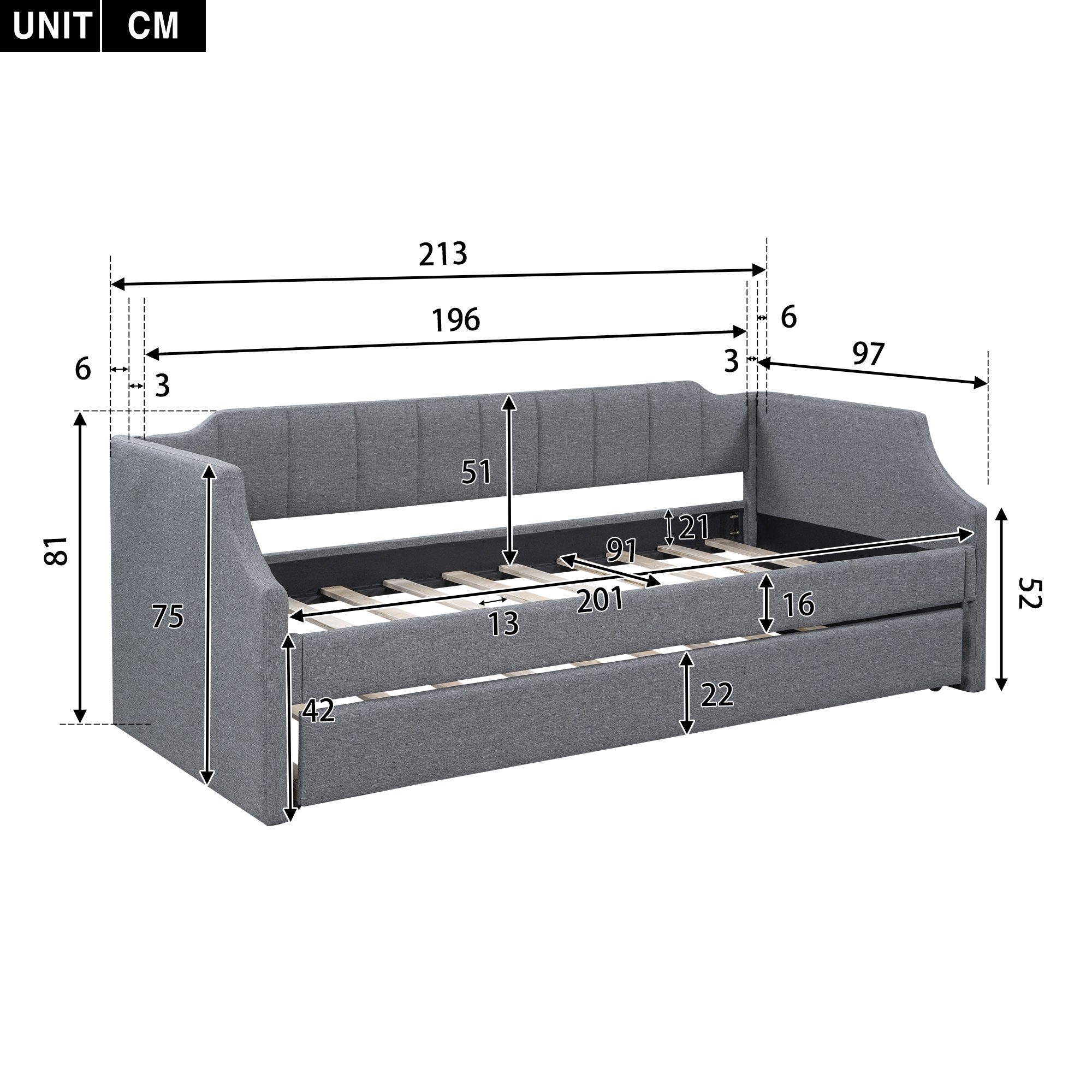 Ulife Daybett Tagesbett Polsterbett mit Einzeltagesbett Leinen Grau Rollbett), 90x200cm+90x190cm Unterbett (Gepolstertes mit