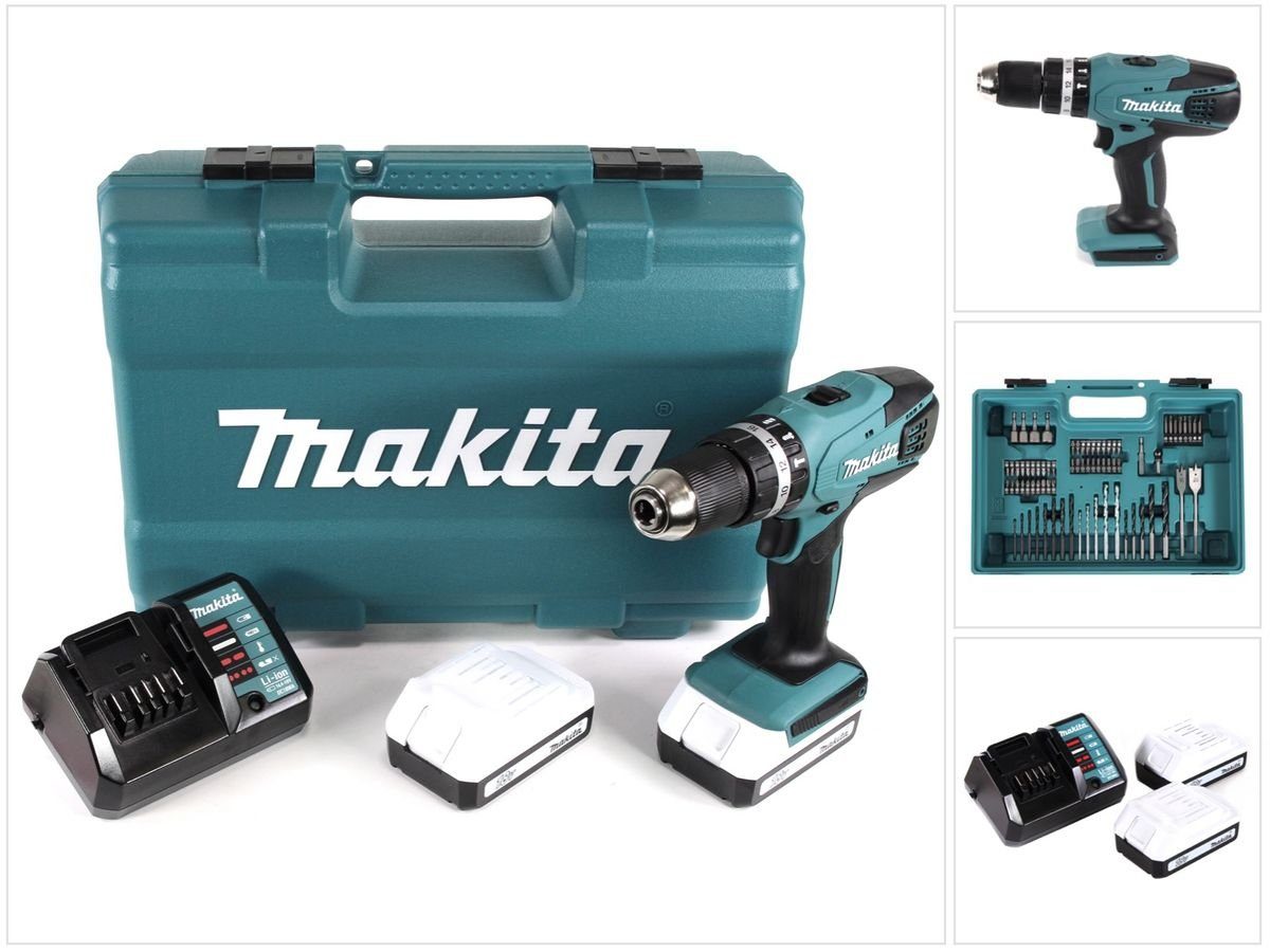 Makita Schlagbohrmaschine Makita HP 457 DWE 18 V Akku Schlagbohrschrauber +  2 x 1,3 Ah Akku + Ladegerät + 74 tlg. Zubehör Set im Werkzeugkoffer