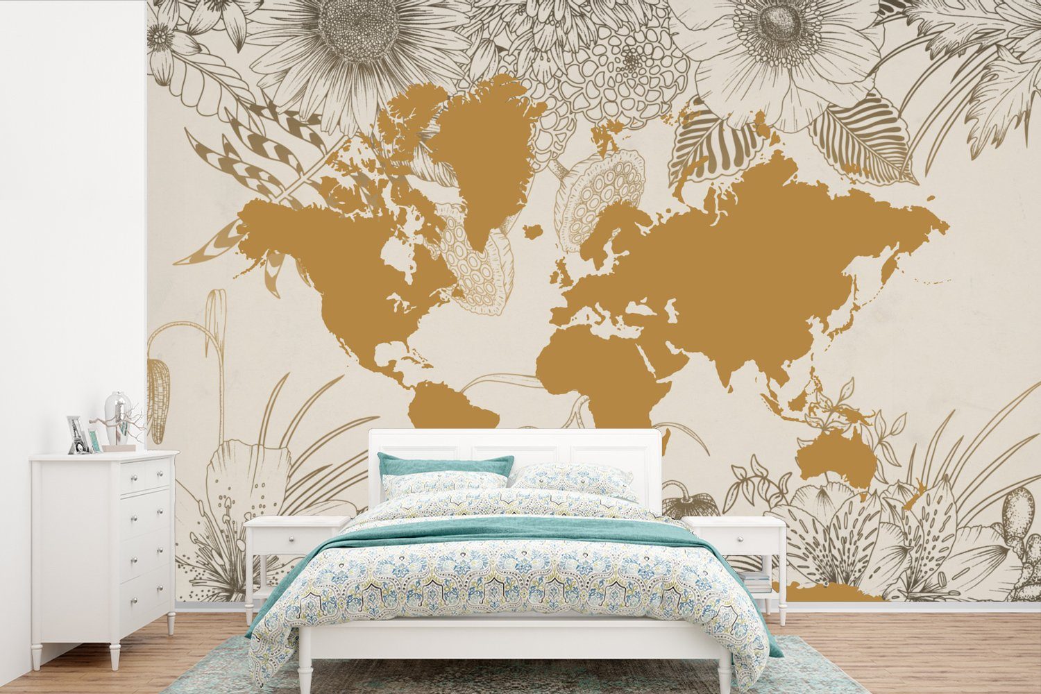 MuchoWow Fototapete Weltkarte - Gold - Blumen, Matt, bedruckt, (6 St), Wallpaper für Wohnzimmer, Schlafzimmer, Kinderzimmer, Vinyl Tapete