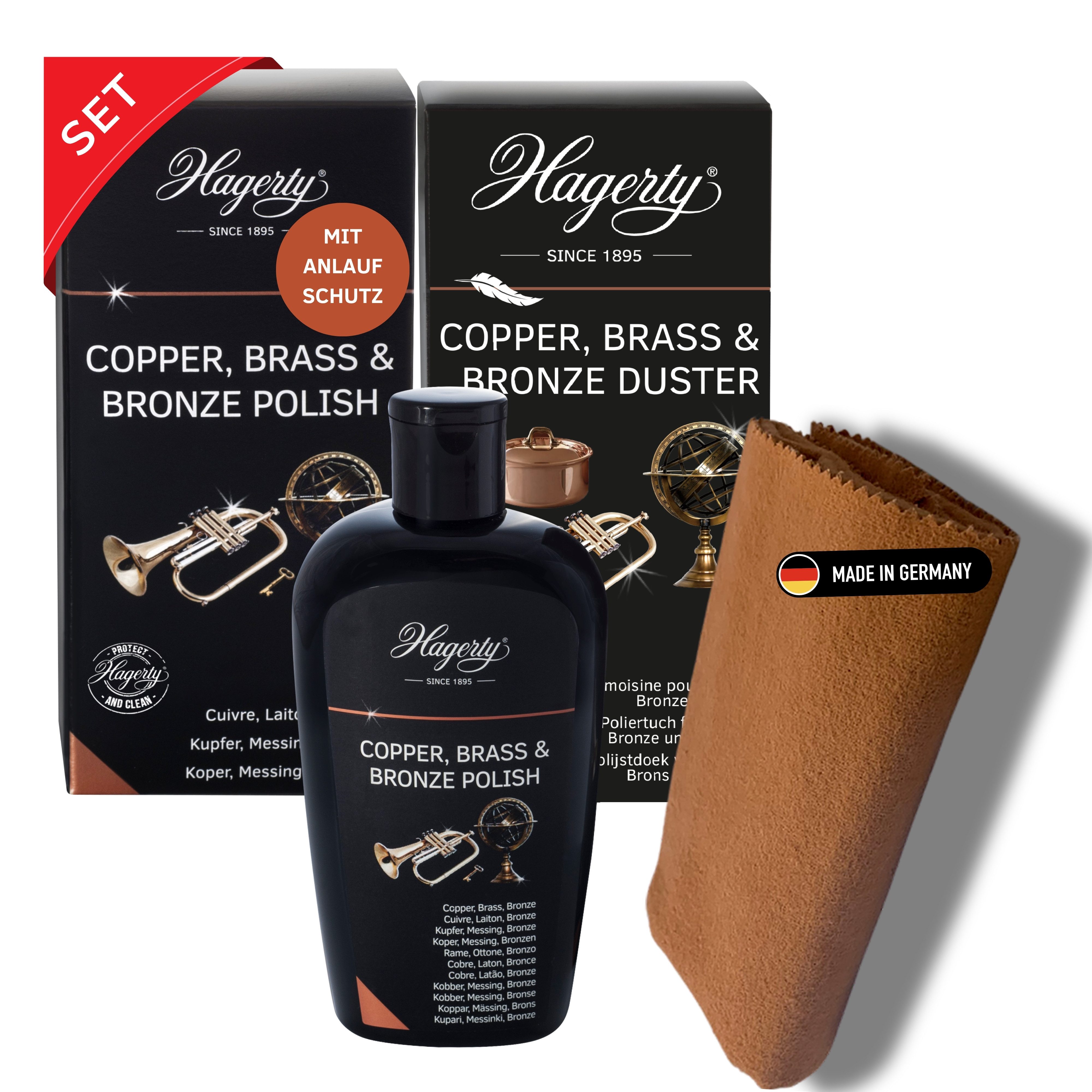 Hagerty Reinigungs-Set Copper Brass Bronze Polish + Duster Reiniger für Bronze Messing Kupfer, (2-St)